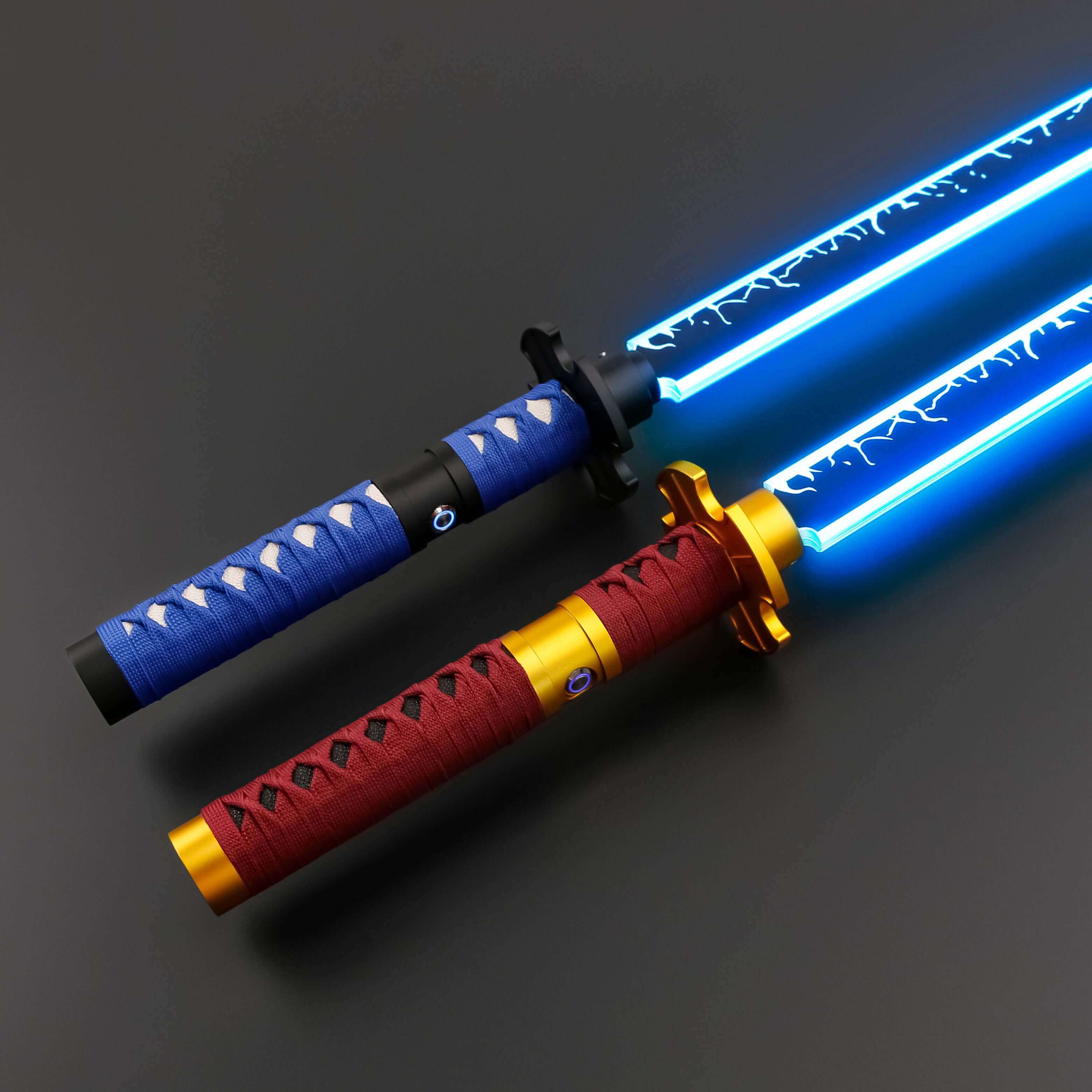 Sekiro Lightsaber: Katana-inspired design with gold hilt, red grip, and gold guard, crafted from aircraft-grade aluminum for durability and elegance.