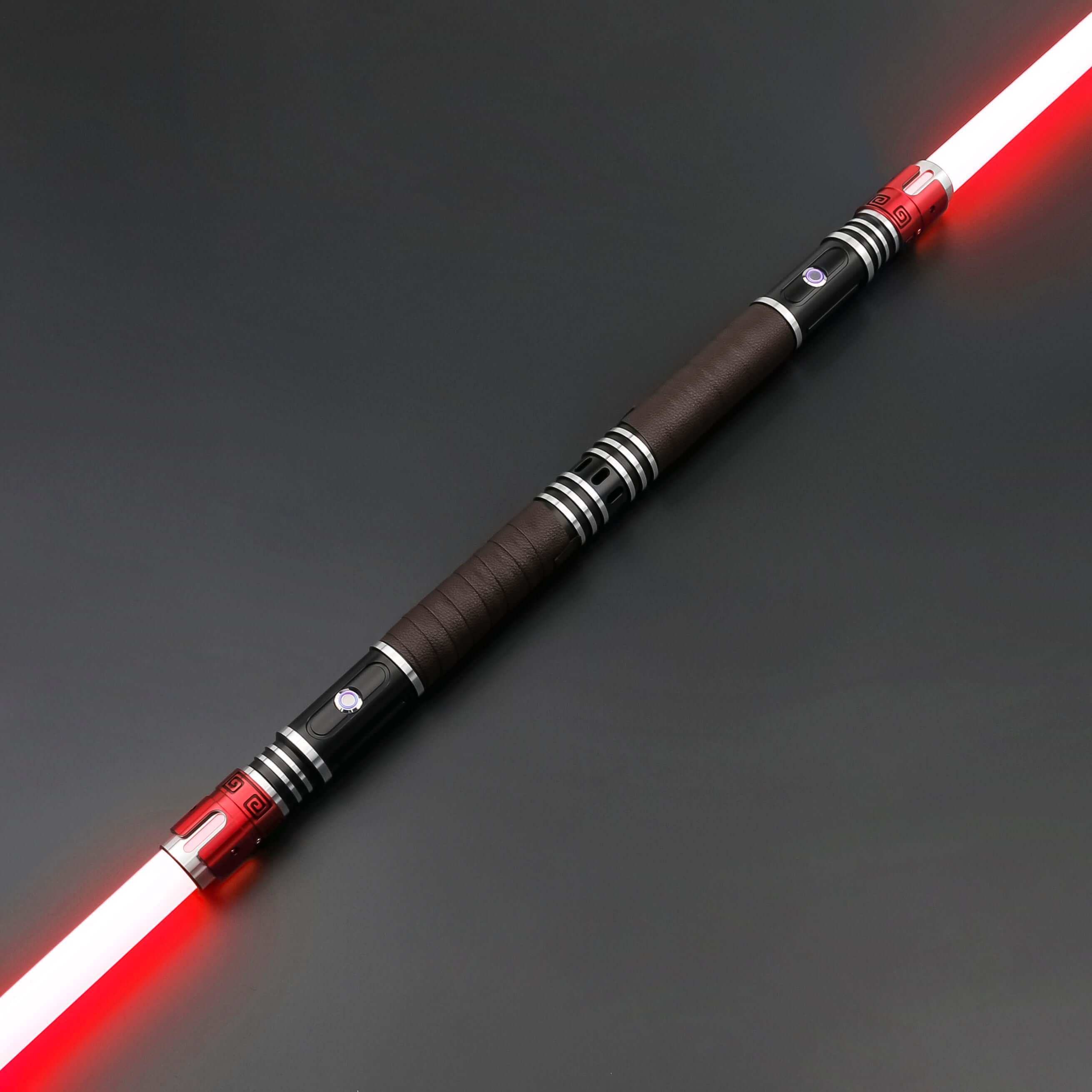 Acolyte Double Edged Sword featuring aircraft-grade aluminum hilt, replaceable polycarbonate blade, 12 RGB color modes, 27 customizable soundfonts, high-sensitivity motion sensors, flash-on-clash and lock-up loop effects, designed for heavy dueling and im