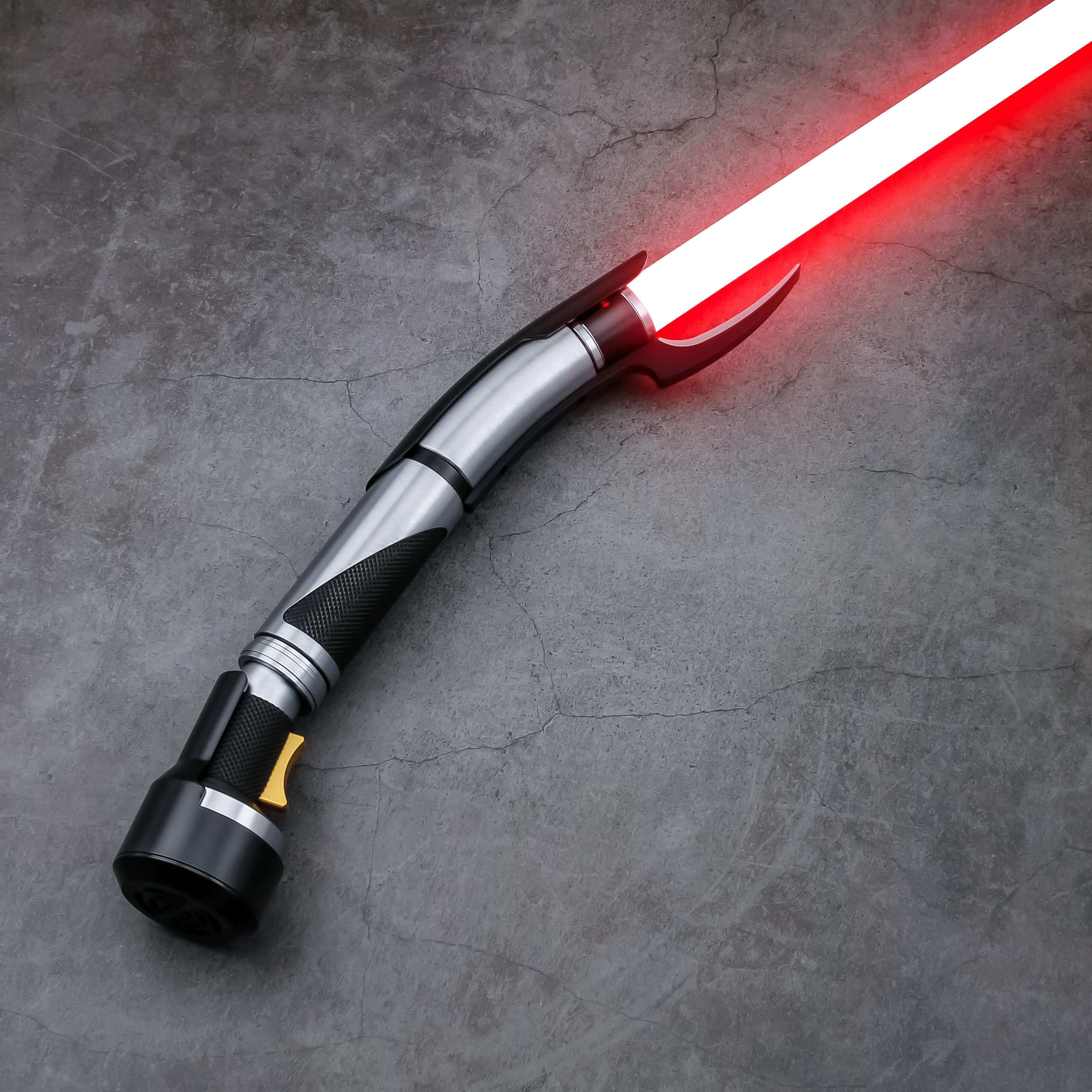 Dooku lightsaber replica with curved frosted aluminum alloy hilt, removable 36-inch polycarbonate blade, available with RGB S-RGB, SNV4 Pro, or Proffie Neopixel cores offering multi-color customizable blade effects, realistic sound effects, 27 soundfonts,