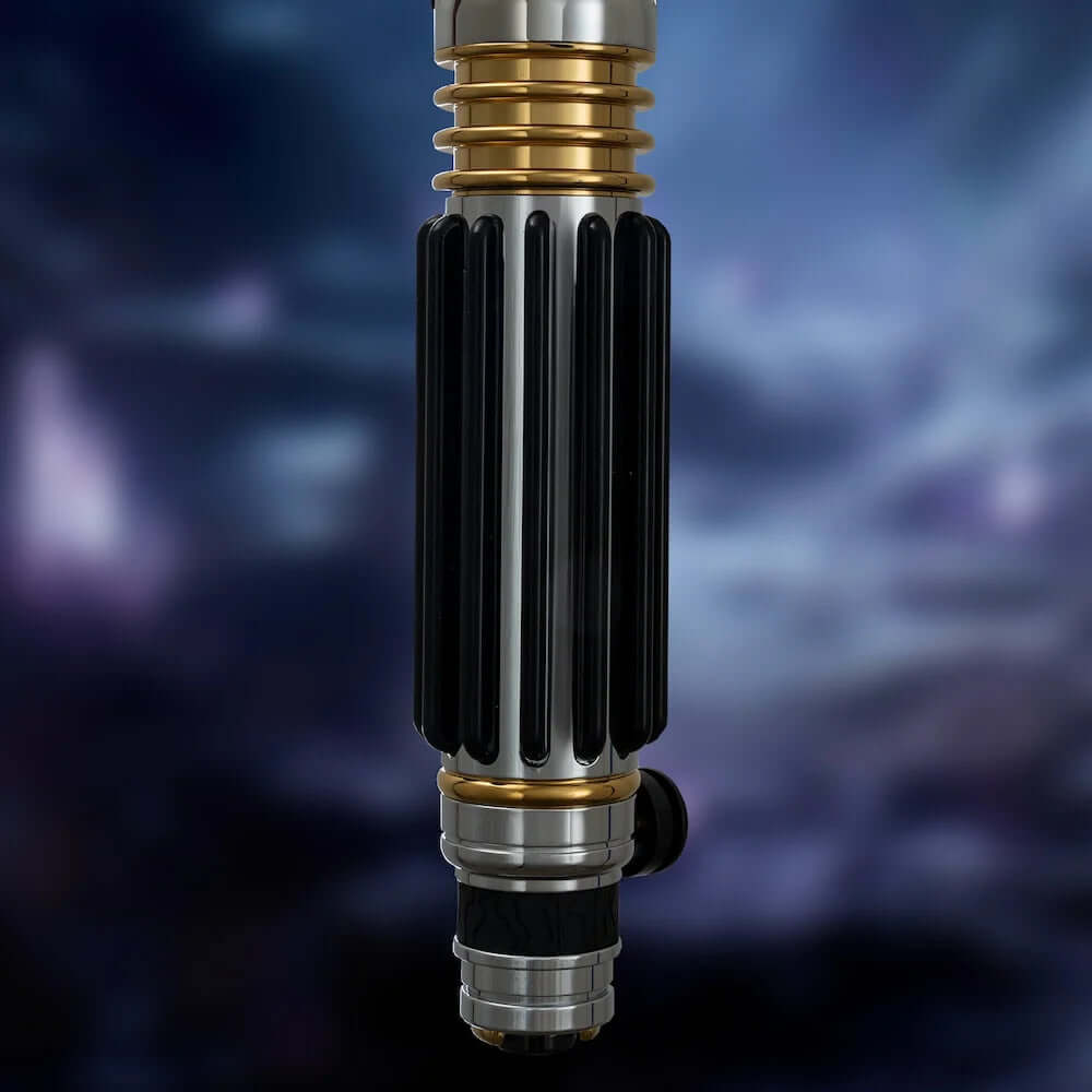 Windu lightsaber replica with purple Neopixel blade, Proffie 2.2 soundboard, 27 soundfonts, 9 lighting effects, 32GB SD card, gesture control, heavy dueling-ready polycarbonate blade, aircraft-grade aluminum hilt, and customizable RGB colors.