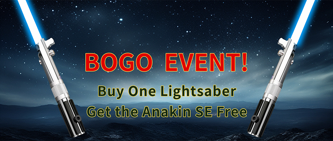 Promotional banner for a BOGO lightsaber event featuring a free Anakin SE model
