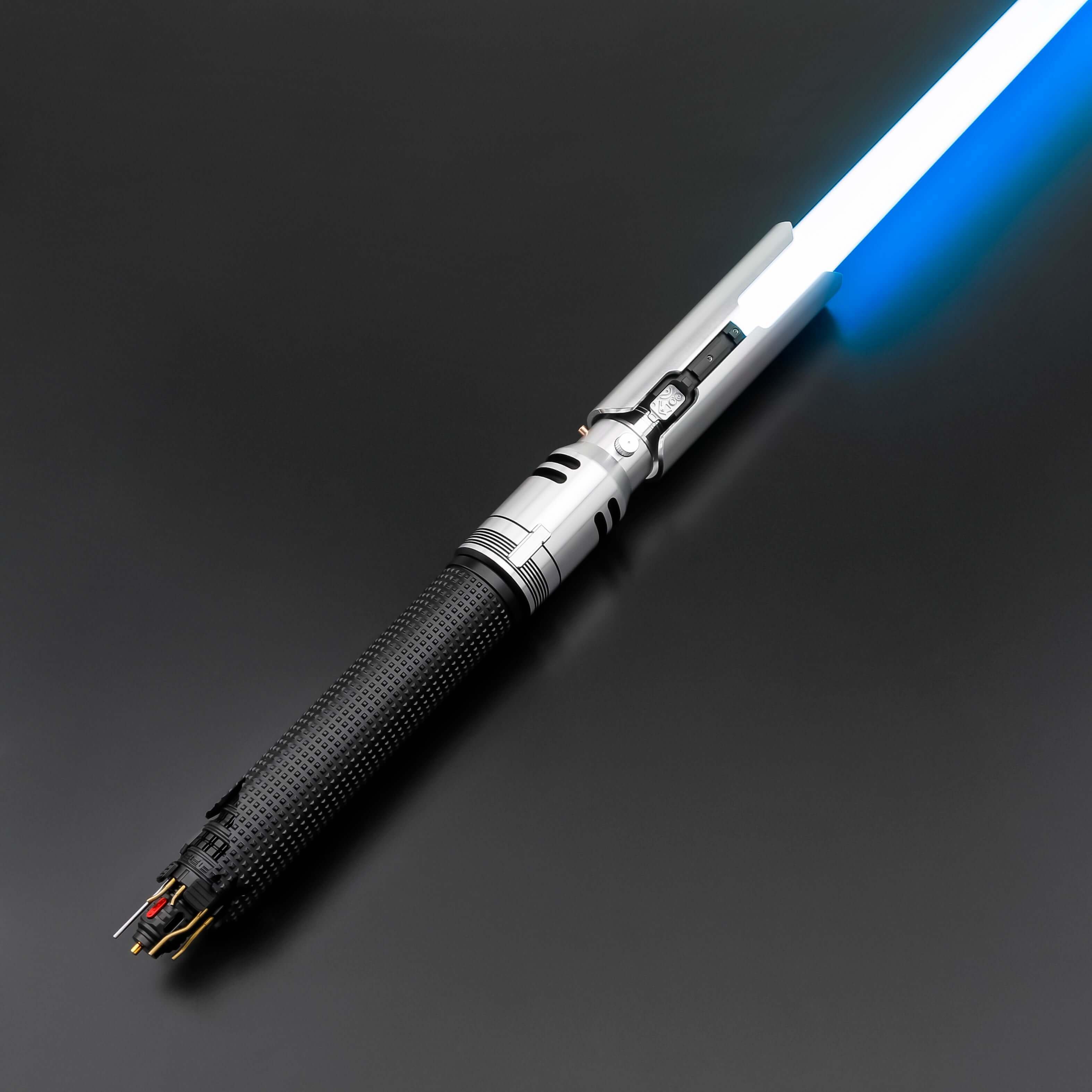 Cal EP3 lightsaber with silver and black anodized aluminum hilt, featuring 12 blade colors, 16 sound fonts, and options for Baselit, S-RGB, Neopixel, or Proffie cores, ideal for cosplay and light dueling