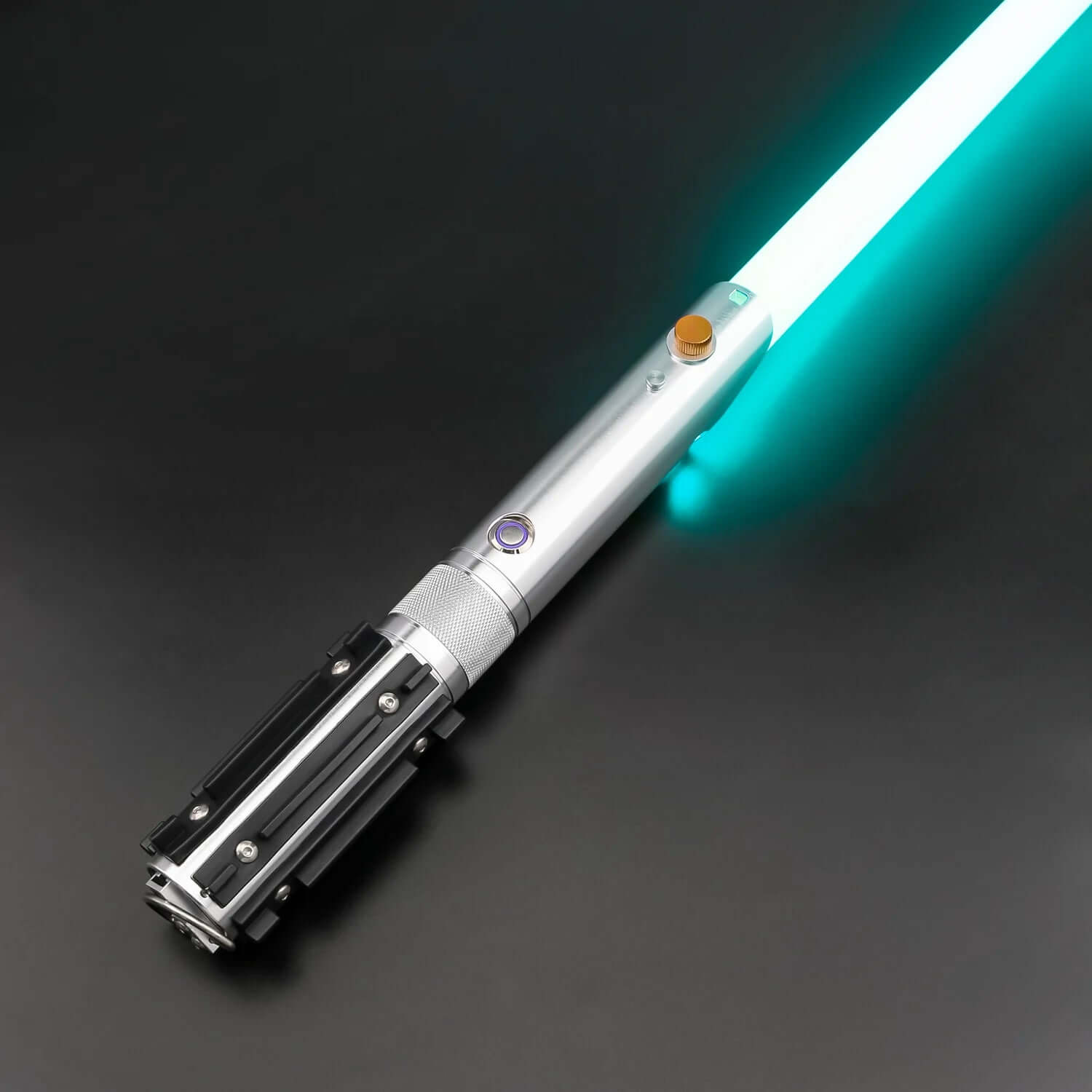 Combat Saber-Anakin with polished metal hilt and glowing turquoise blade on black background.
