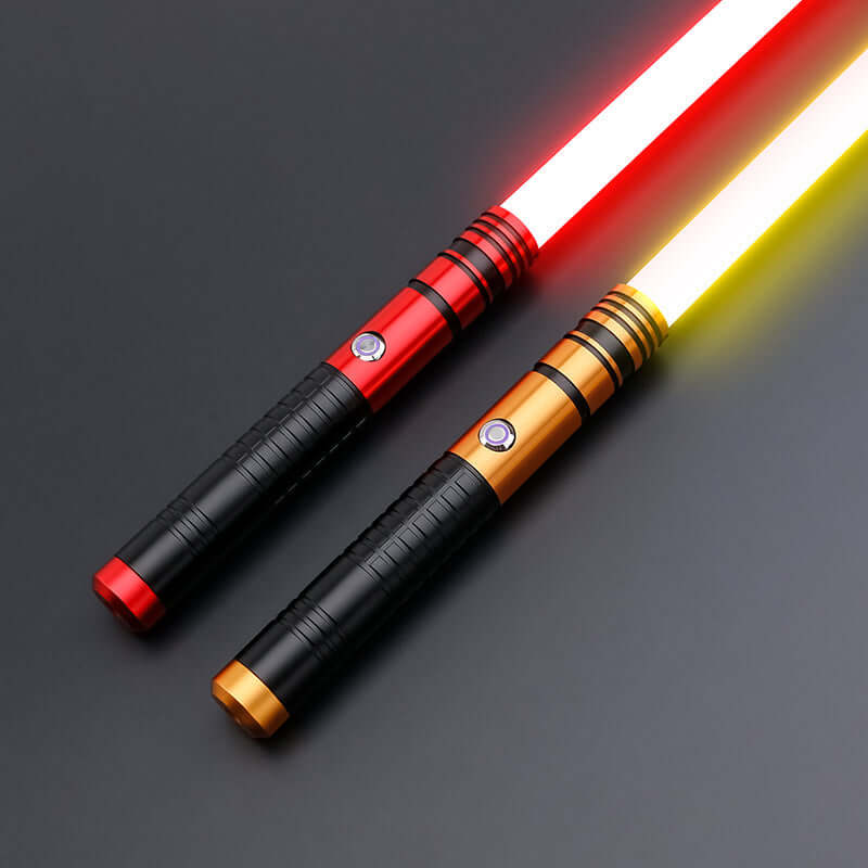 Jedi survivor twin lightsaber in red and yellow colors with ergonomic grip and stylish design.