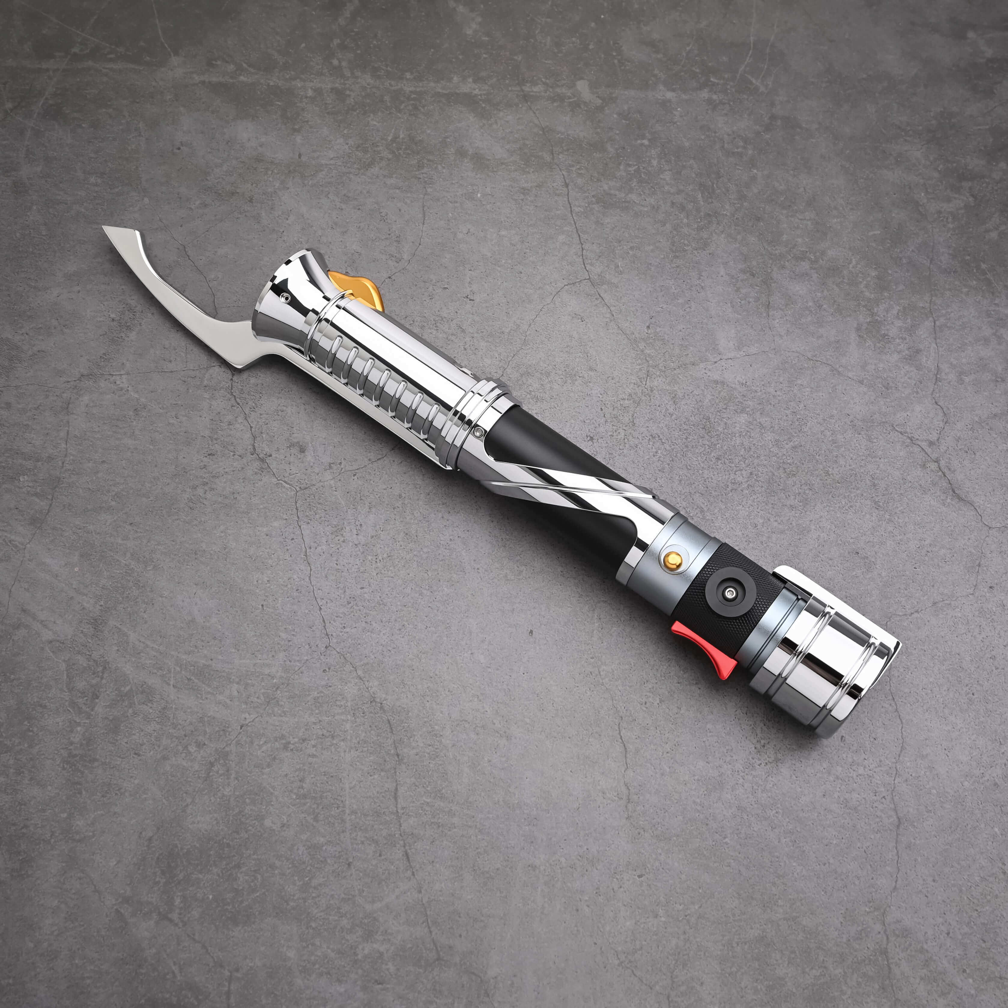 Count SE Lightsaber with black and silver hilt, spiraling silver trim, gold and red accents, and flared emitter. Crafted from aircraft-grade aluminum for balance, control, and precision.