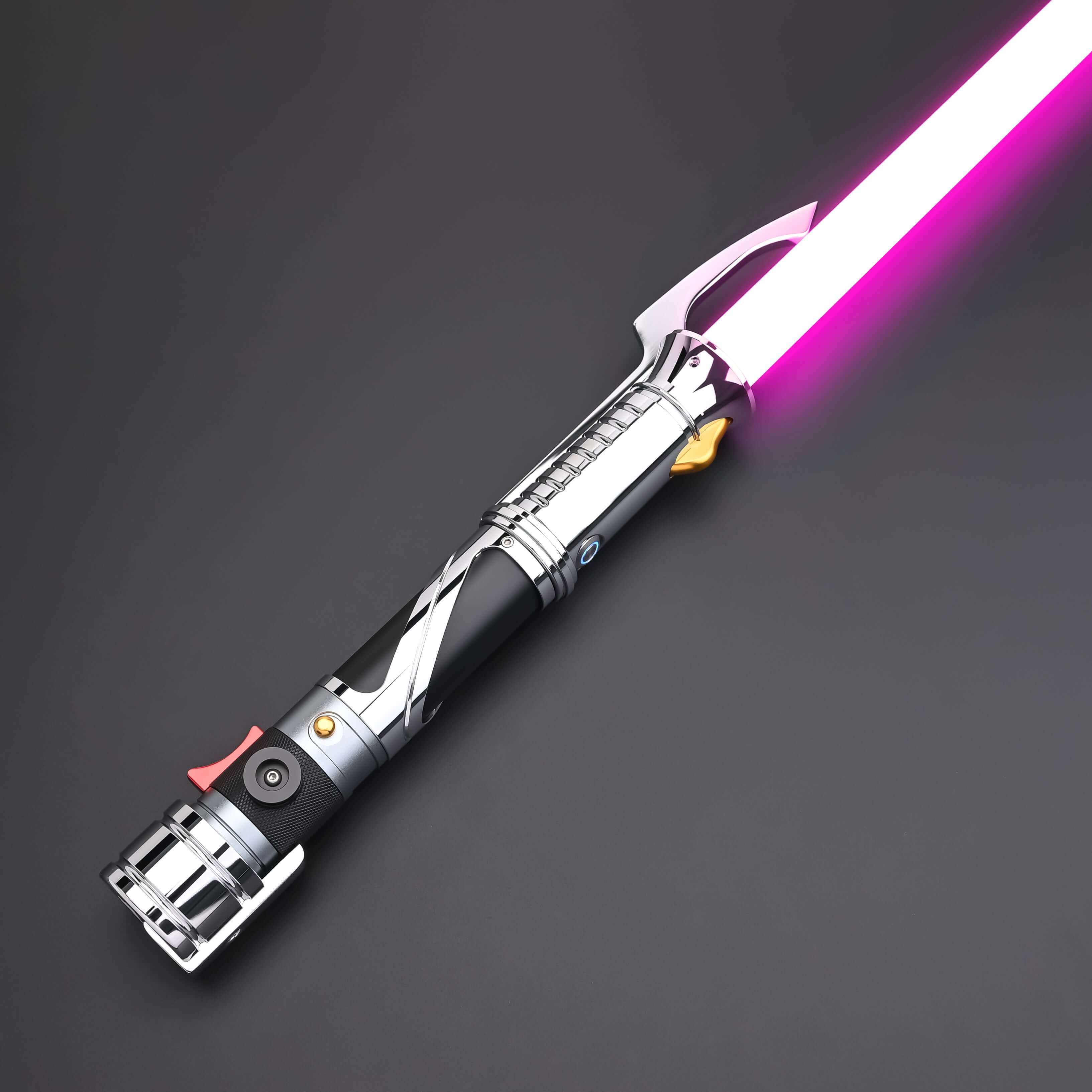 Count SE Lightsaber with black and silver hilt, spiraling silver trim, gold and red accents, and flared emitter. Crafted from aircraft-grade aluminum for balance, control, and precision.