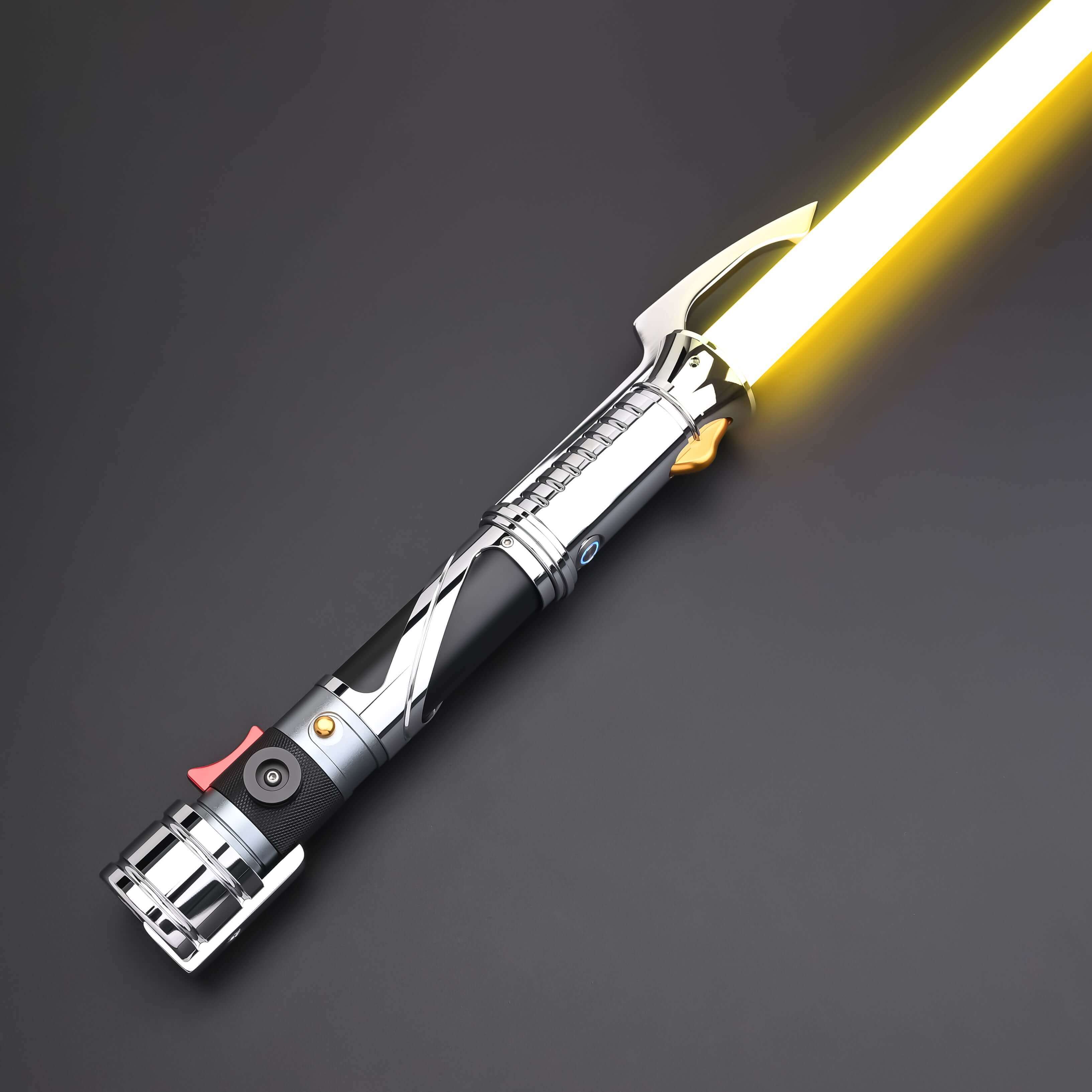 Count SE Lightsaber with black and silver hilt, spiraling silver trim, gold and red accents, and flared emitter. Crafted from aircraft-grade aluminum for balance, control, and precision.