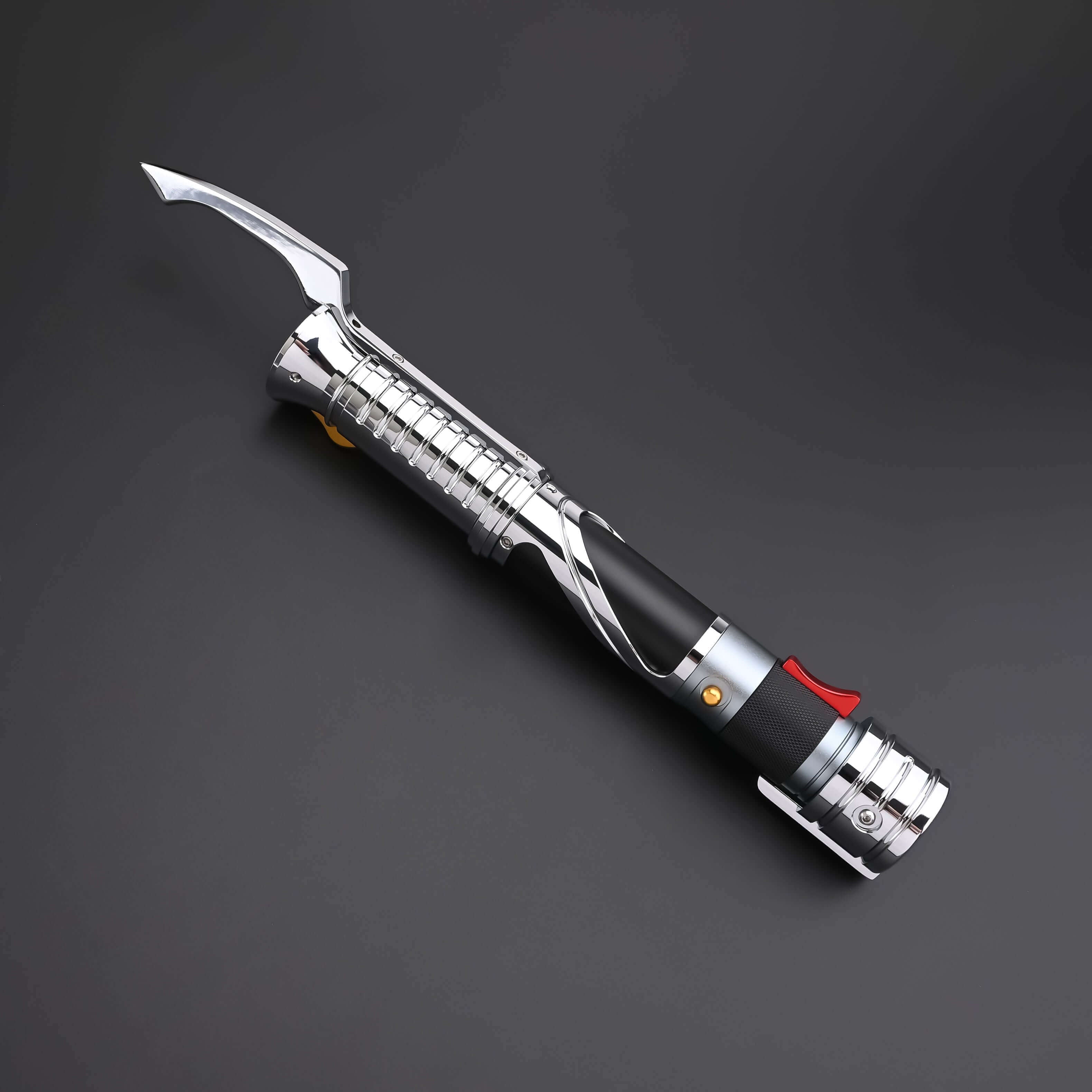 Count SE Lightsaber with black and silver hilt, spiraling silver trim, gold and red accents, and flared emitter. Crafted from aircraft-grade aluminum for balance, control, and precision.