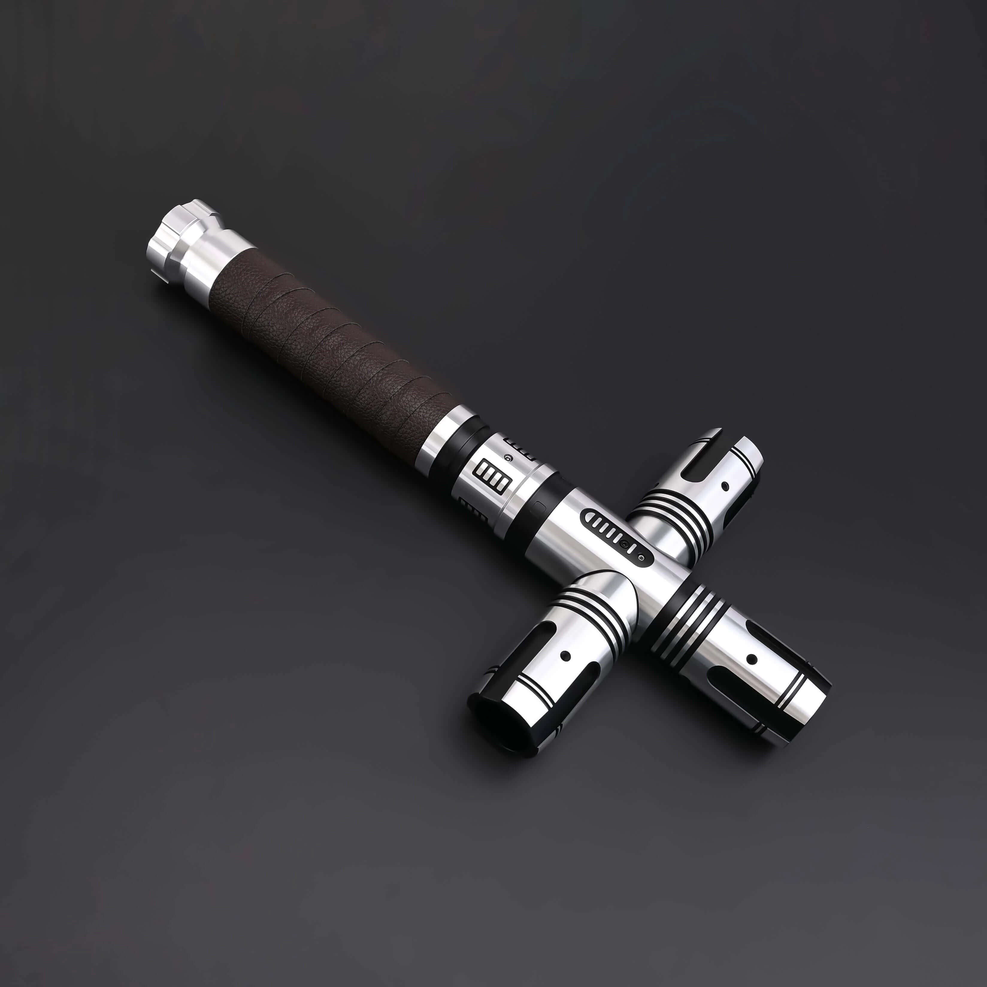 Crusades Lightsaber featuring a cross-guard design with black and silver accents on a dark background.