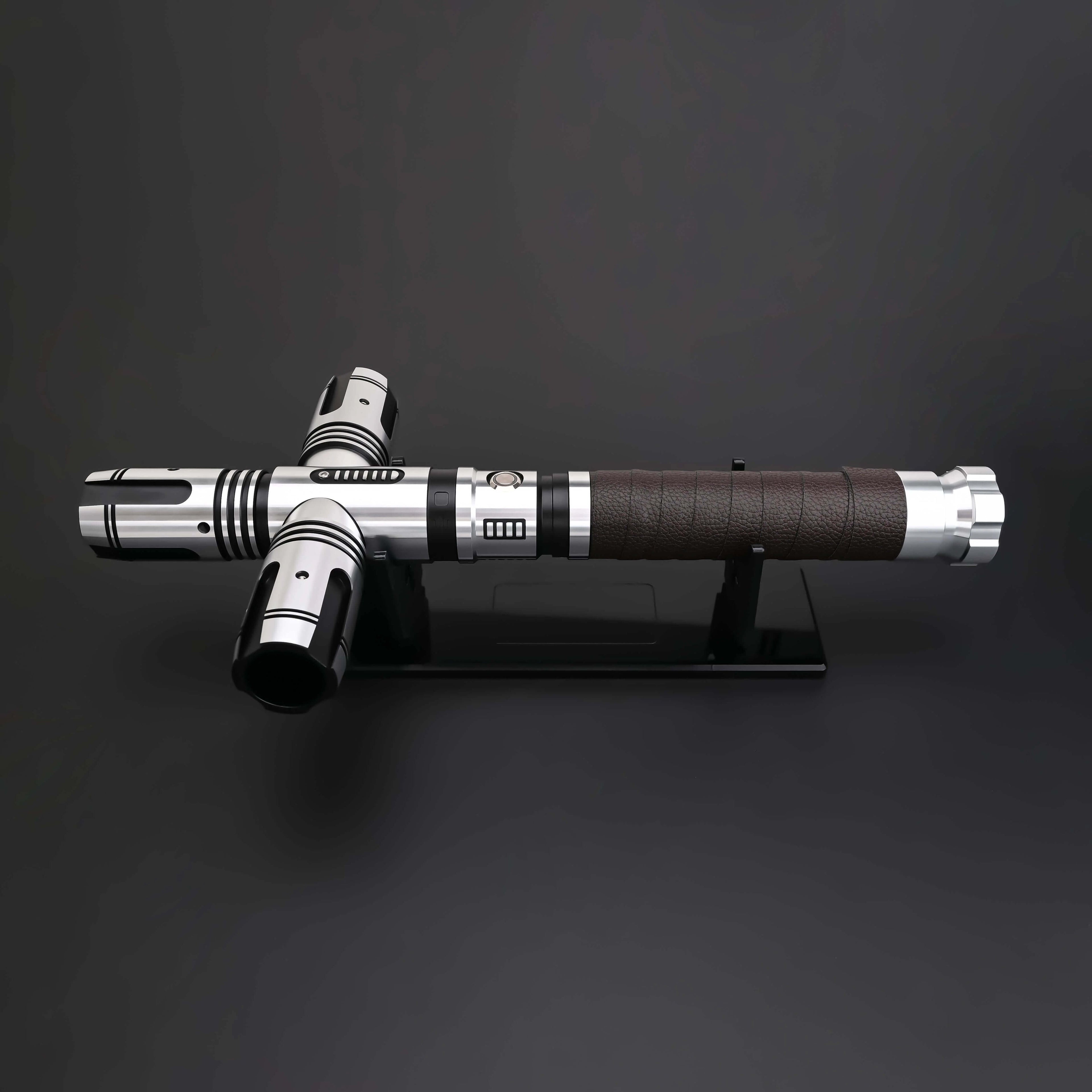 Crusades Lightsaber on display, featuring an advanced cross-guard design by NovaSaber for combat-ready use.
