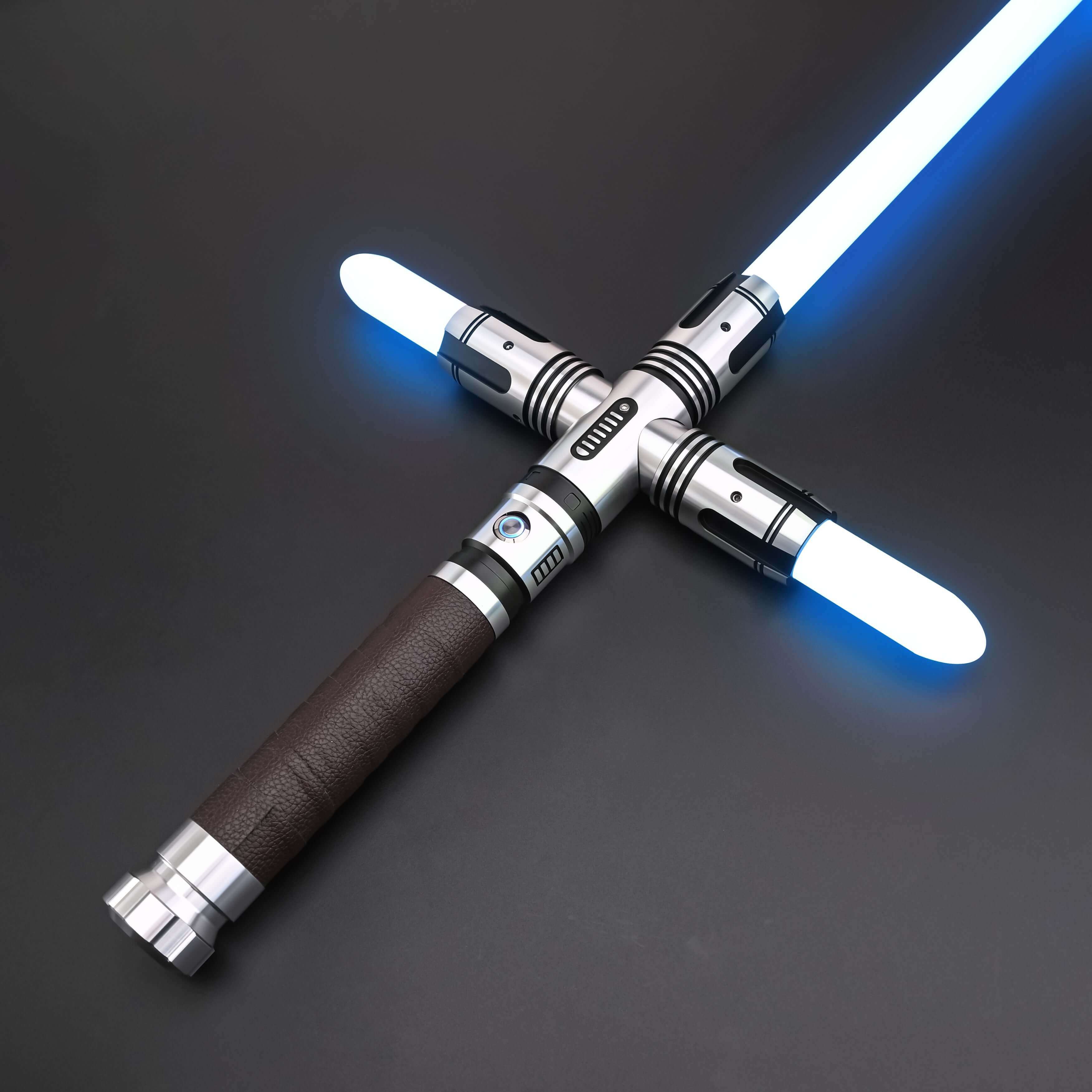 Crusades Lightsaber by NovaSaber featuring a cross-guard design with blue glowing blades and a combat-ready grip.