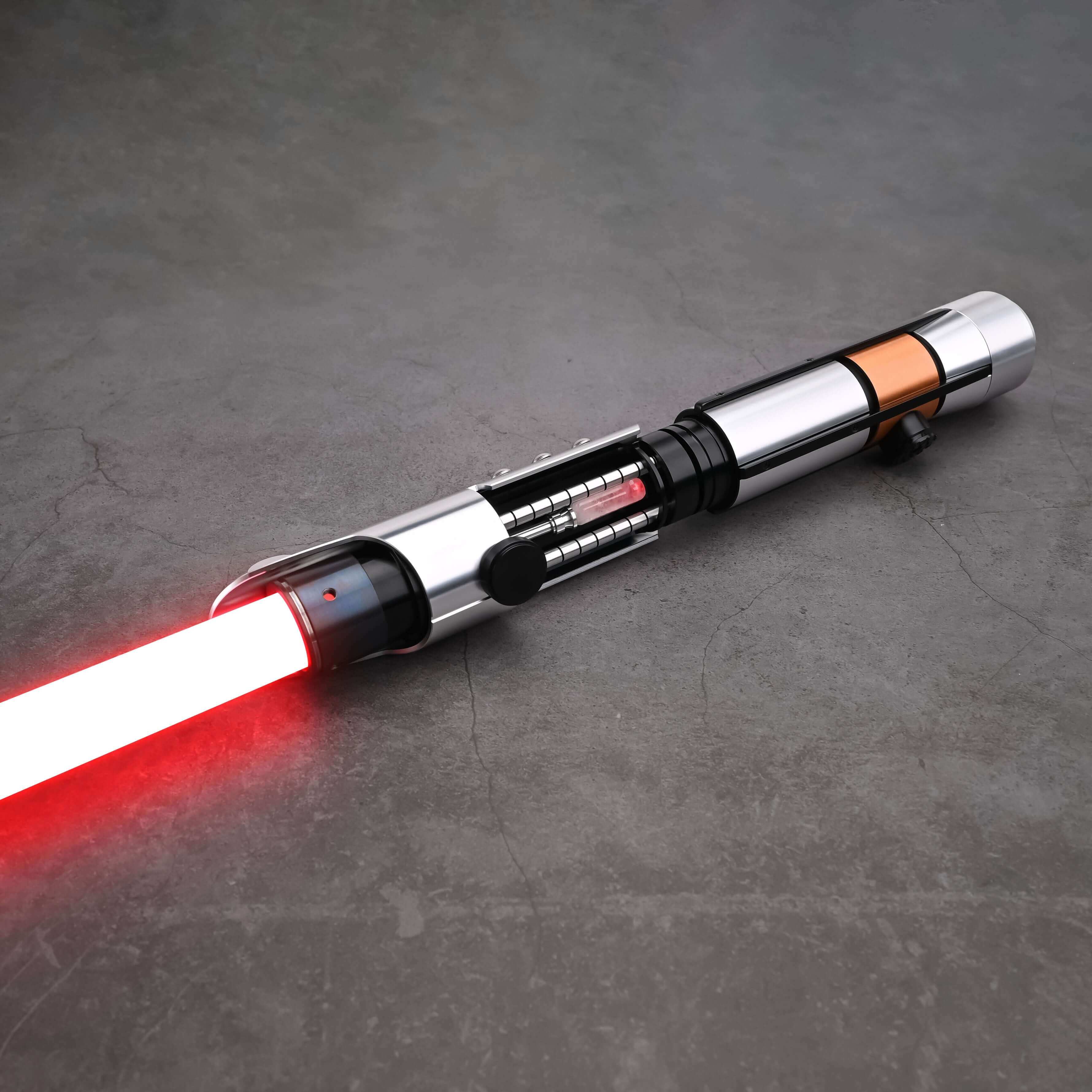 Starkiller Lightsaber with polished silver hilt, intricate details, and glowing Kyber Crystal core, featuring Neopixel blade effects and immersive sound for an authentic Star Wars combat experience.