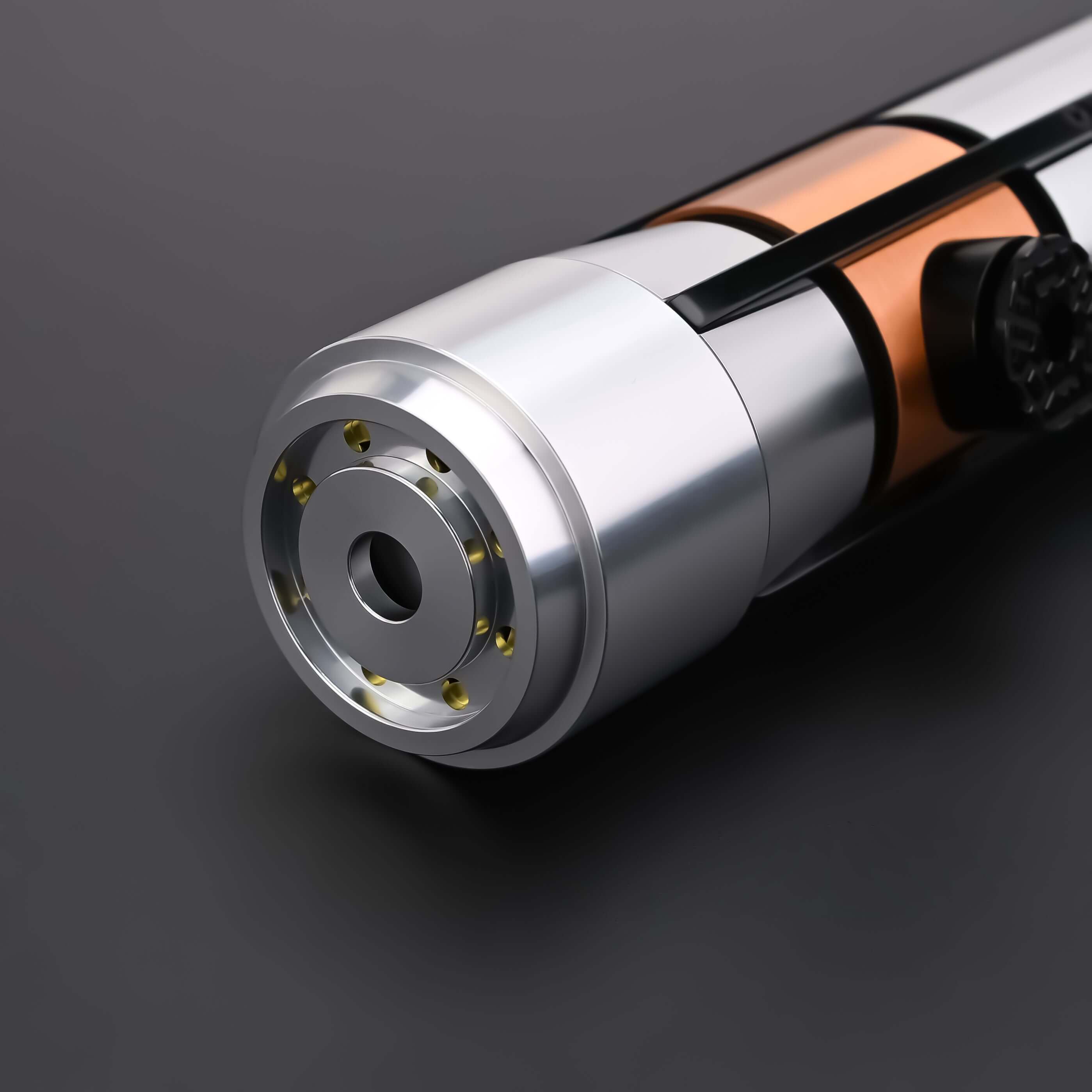 Starkiller Lightsaber with polished silver hilt, intricate details, and glowing Kyber Crystal core, featuring Neopixel blade effects and immersive sound for an authentic Star Wars combat experience.