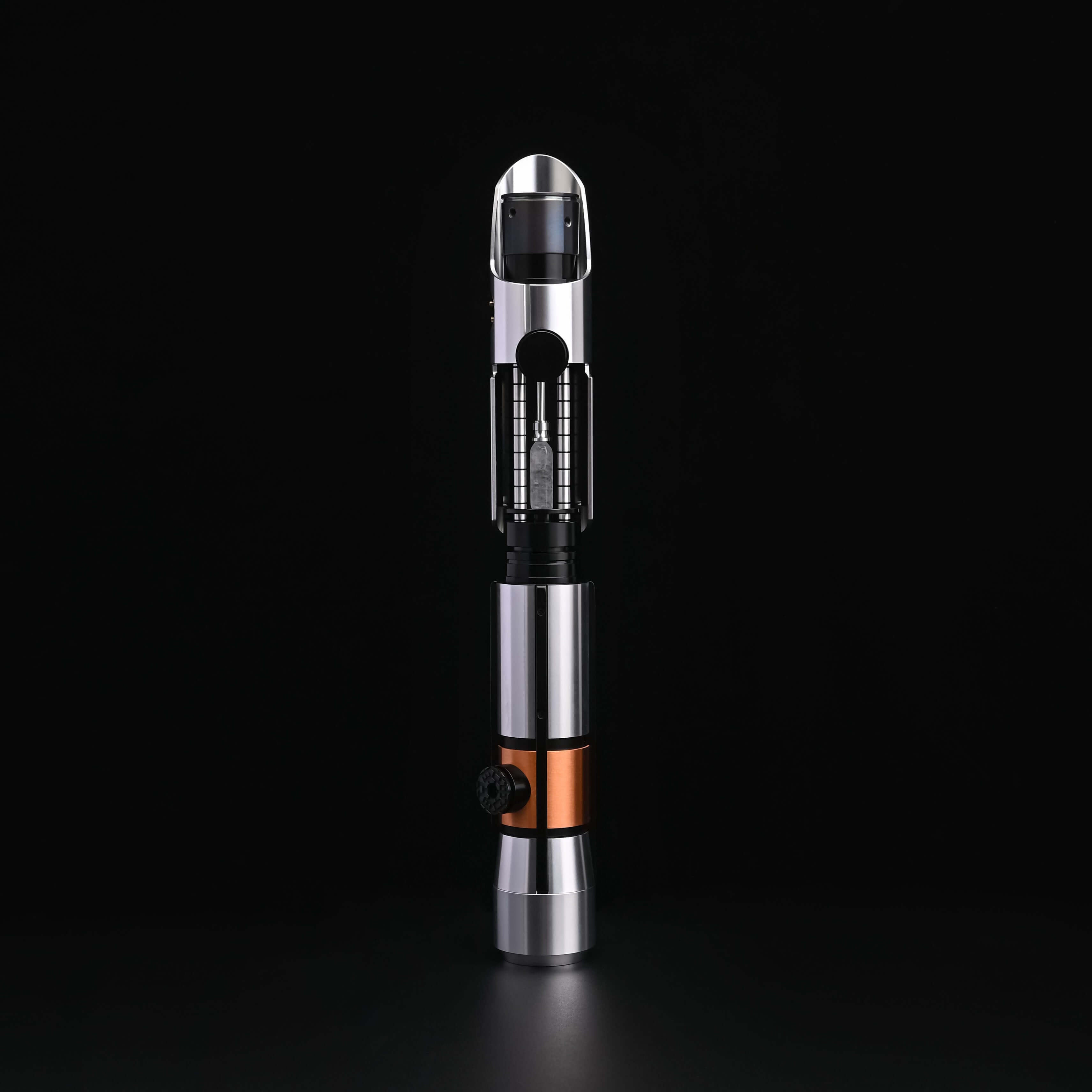 Starkiller Lightsaber with polished silver hilt, intricate details, and glowing Kyber Crystal core, featuring Neopixel blade effects and immersive sound for an authentic Star Wars combat experience.