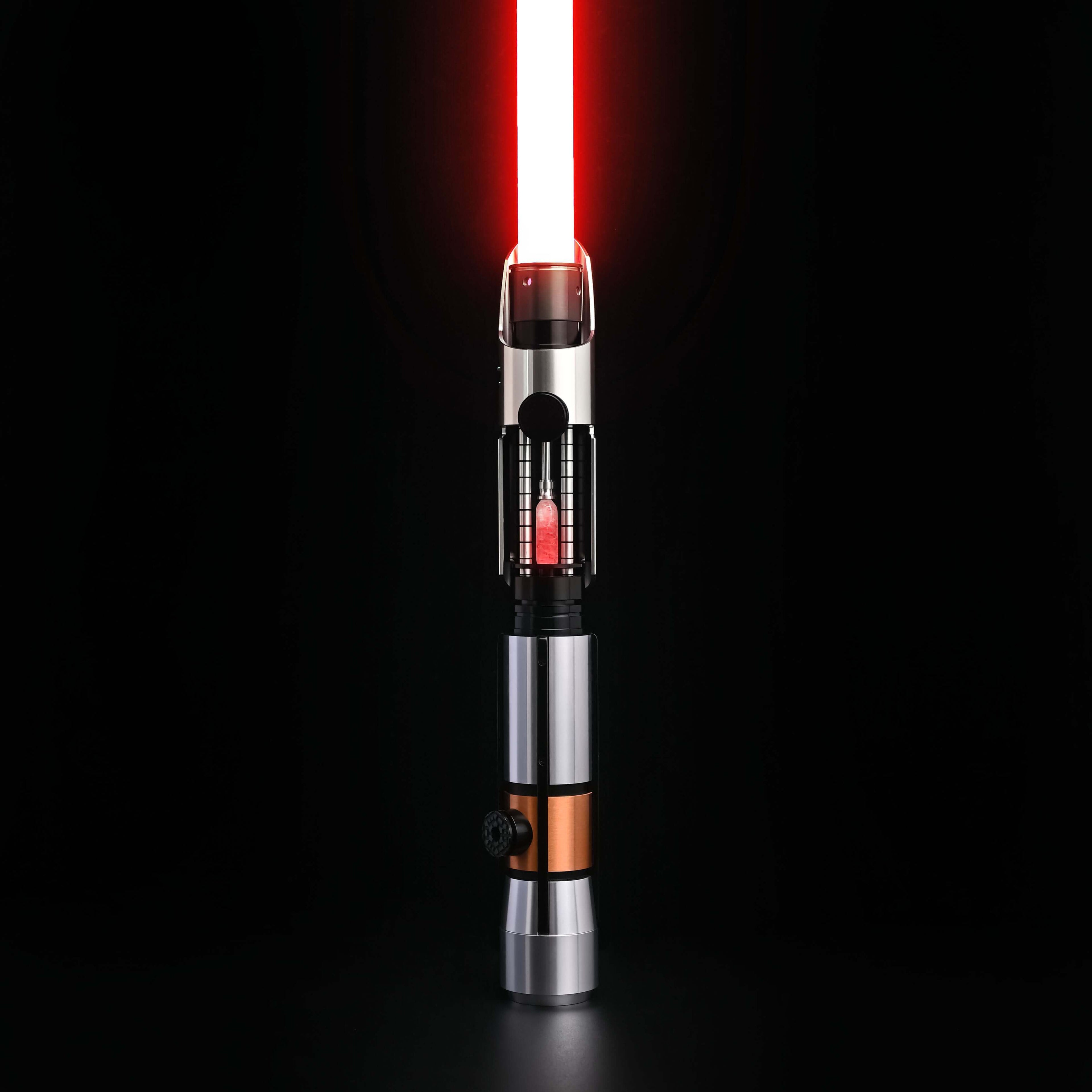 Starkiller Lightsaber with polished silver hilt, intricate details, and glowing Kyber Crystal core, featuring Neopixel blade effects and immersive sound for an authentic Star Wars combat experience.