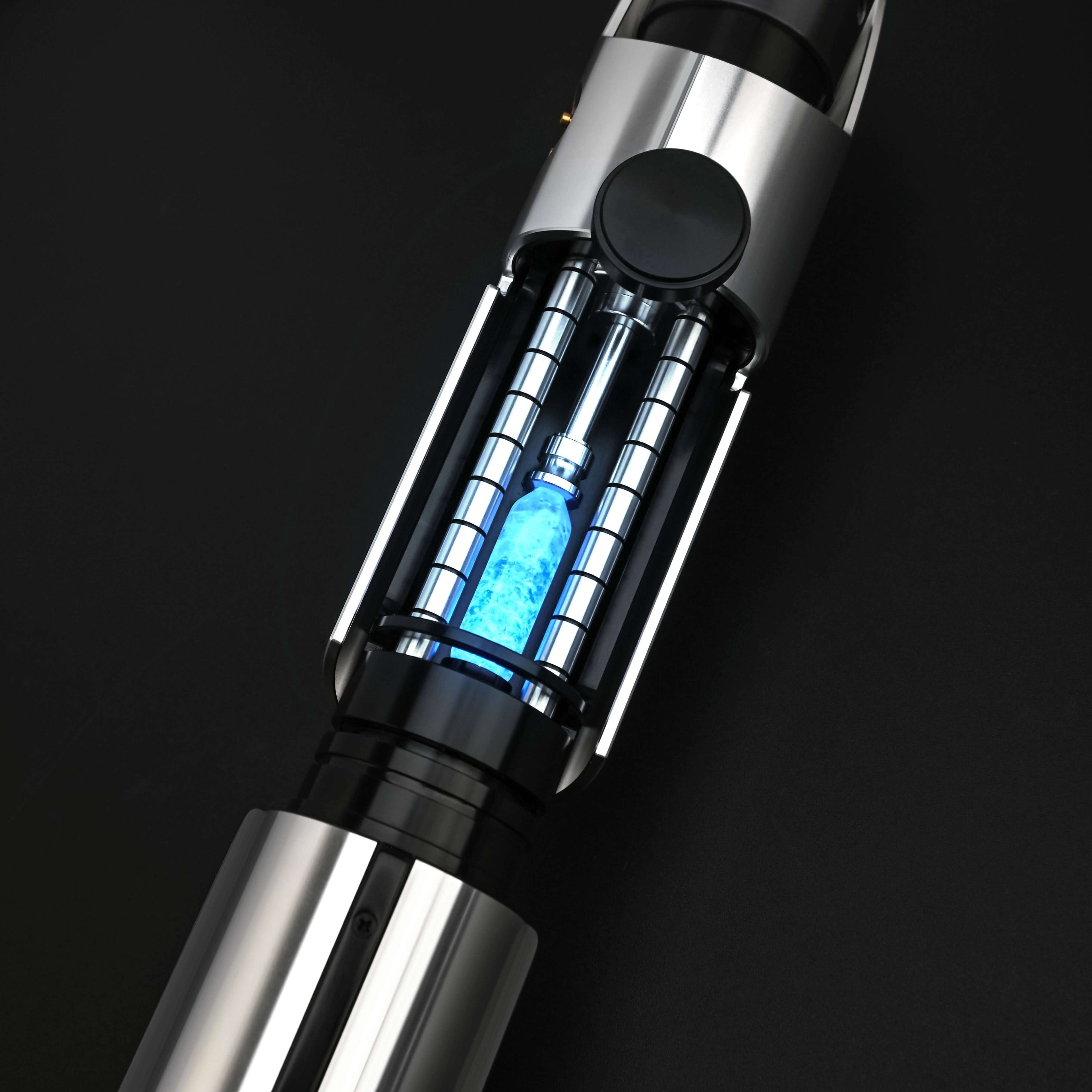 Star Lightsaber from Novasaber, showcasing a sleek, metallic hilt with a radiant blue blade, designed for precision and elegance, evoking a sense of power and refinement.