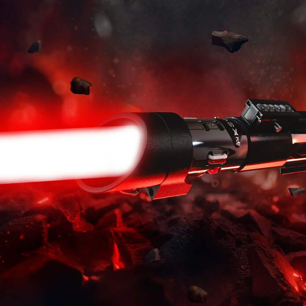 Vader lightsaber with frosted aluminum alloy hilt, featuring 12 blade colors, 16 sound fonts, and options for Baselit, S-RGB, Neopixel, or Proffie cores, ideal for cosplay and light dueling.