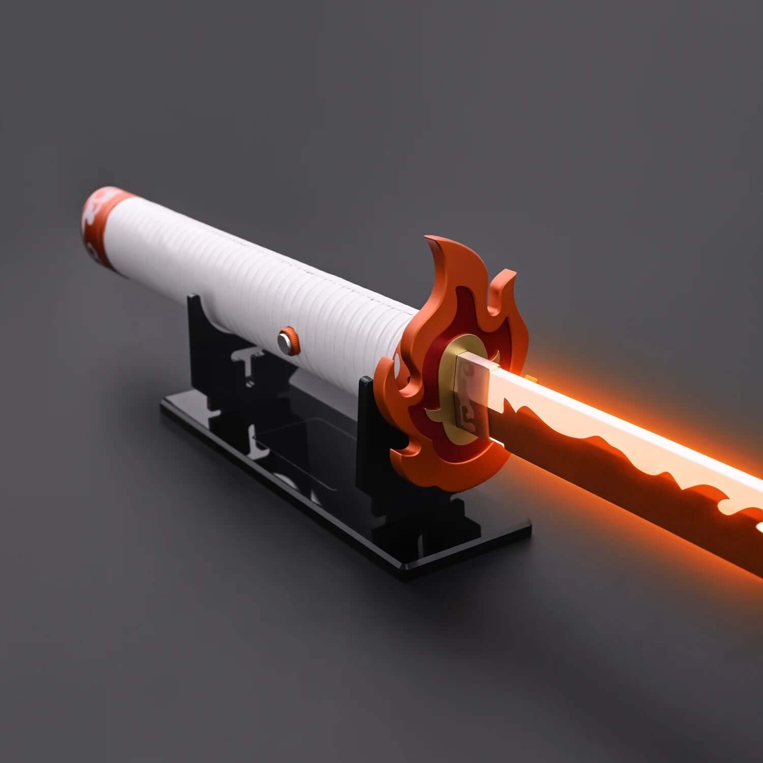 NovaSaber Demon Slayer Saber inspired by Kyojuro Rengoku, featuring a flame gold hilt, vibrant red and gold flame-shaped guard, and dynamic lighting and sound effects for immersive dueling and cosplay