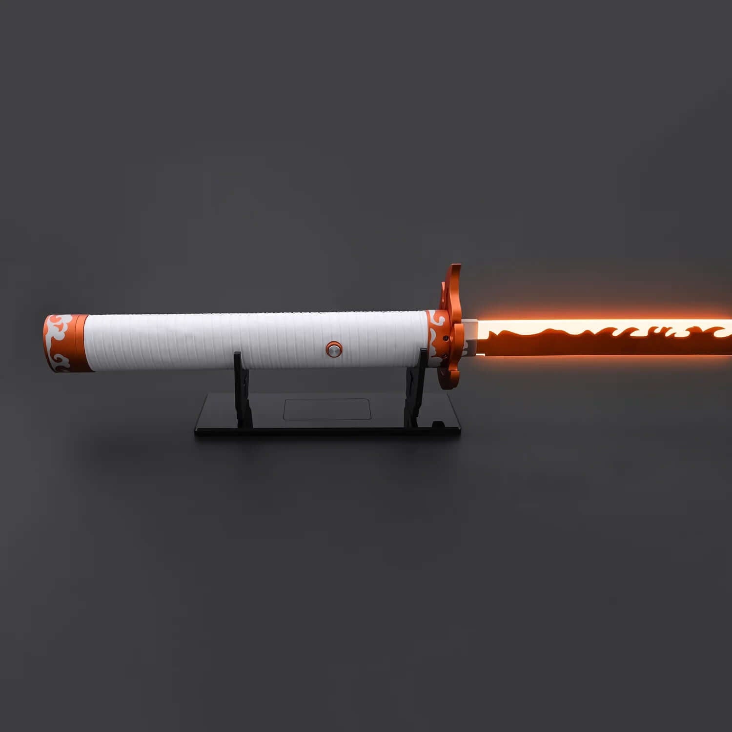 NovaSaber Demon Slayer Saber inspired by Kyojuro Rengoku, featuring a flame gold hilt, vibrant red and gold flame-shaped guard, and dynamic lighting and sound effects for immersive dueling and cosplay