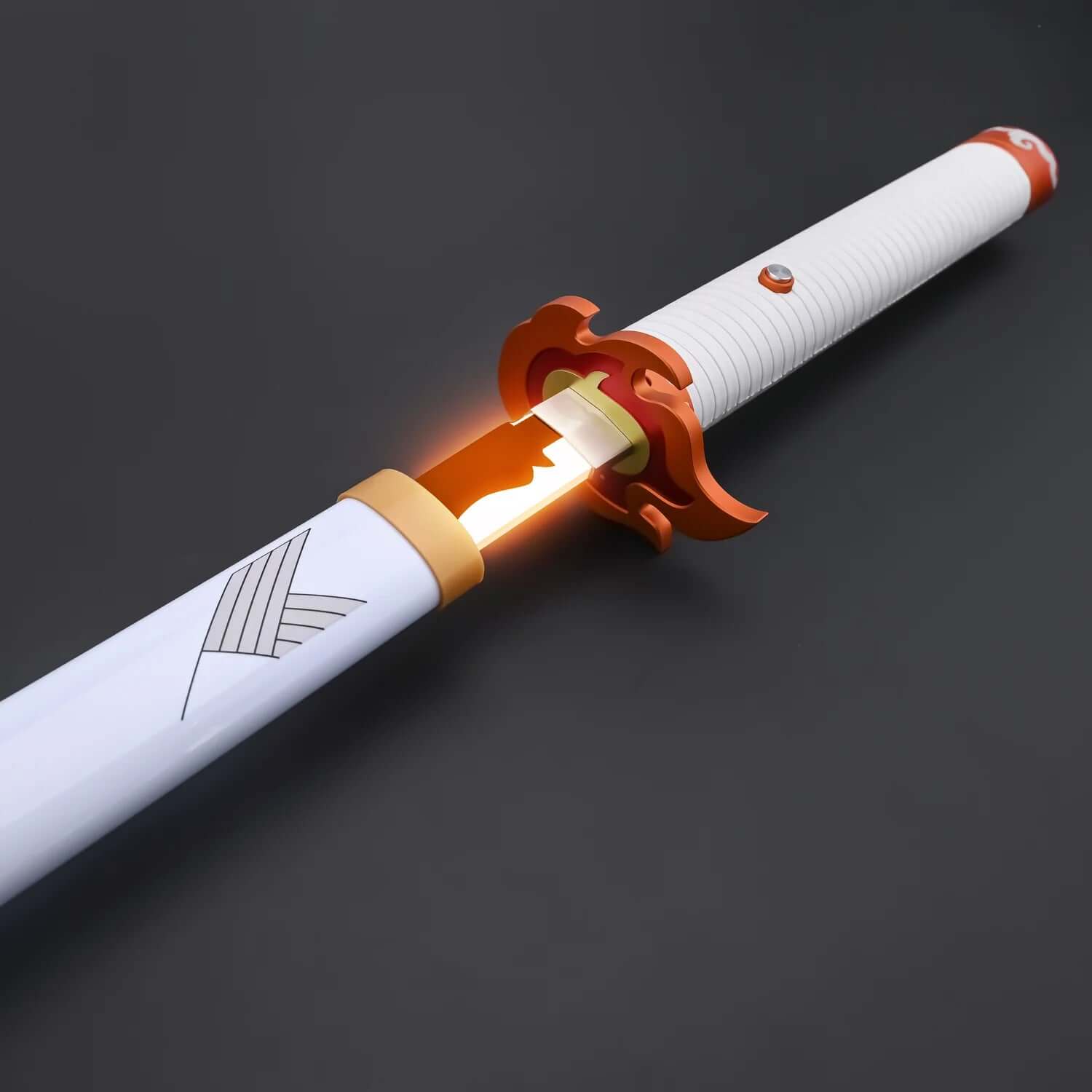 NovaSaber Demon Slayer Saber inspired by Kyojuro Rengoku, featuring a flame gold hilt, vibrant red and gold flame-shaped guard, and dynamic lighting and sound effects for immersive dueling and cosplay