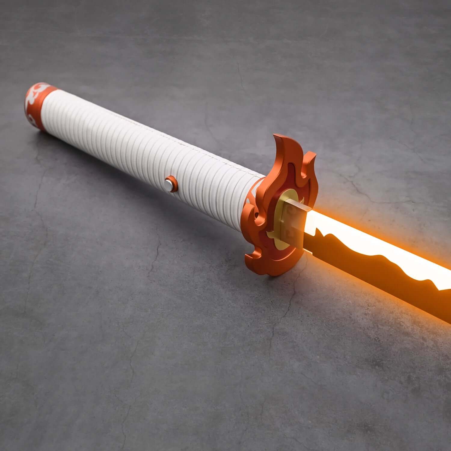 NovaSaber Demon Slayer Saber inspired by Kyojuro Rengoku, featuring a flame gold hilt, vibrant red and gold flame-shaped guard, and dynamic lighting and sound effects for immersive dueling and cosplay