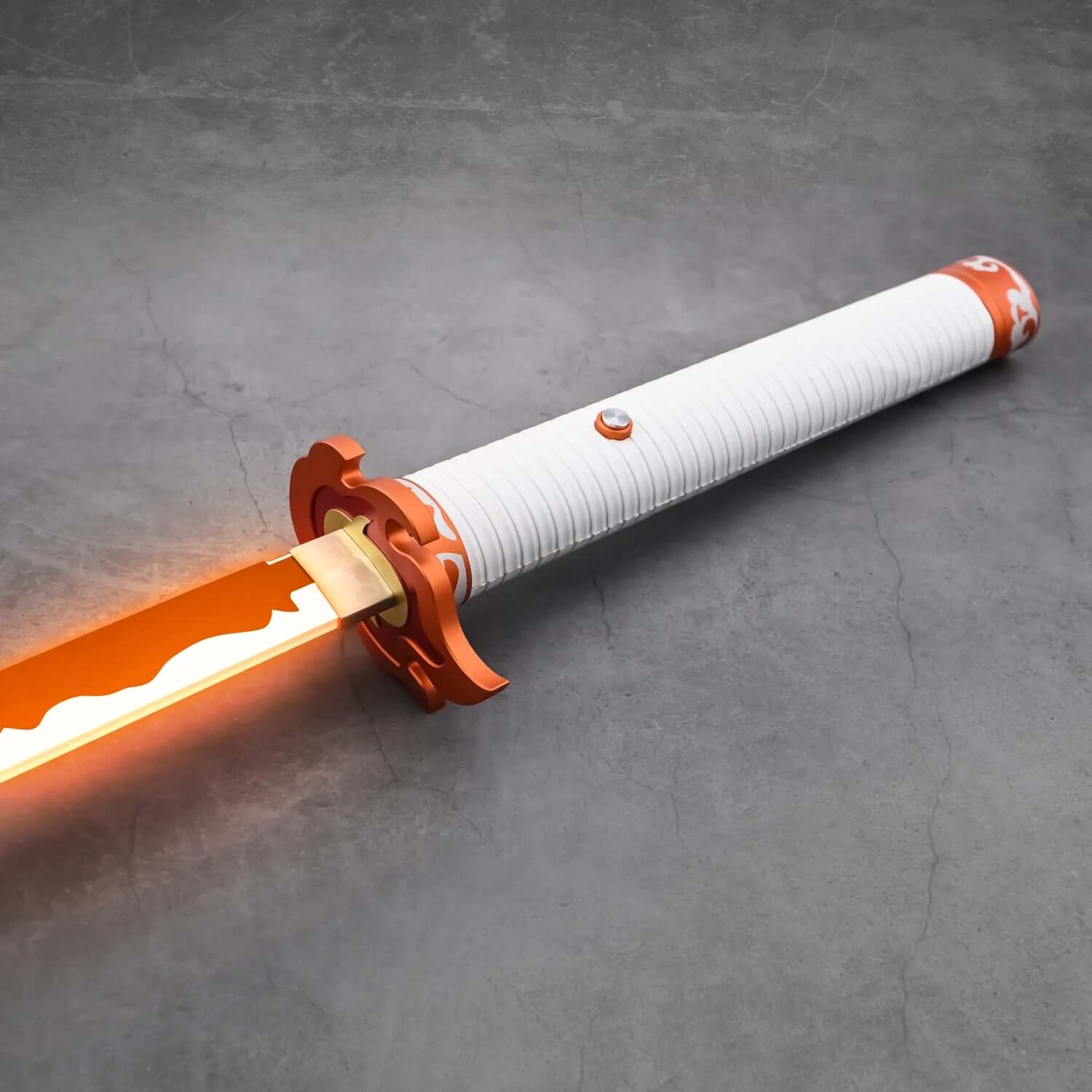 NovaSaber Demon Slayer Saber inspired by Kyojuro Rengoku, featuring a flame gold hilt, vibrant red and gold flame-shaped guard, and dynamic lighting and sound effects for immersive dueling and cosplay