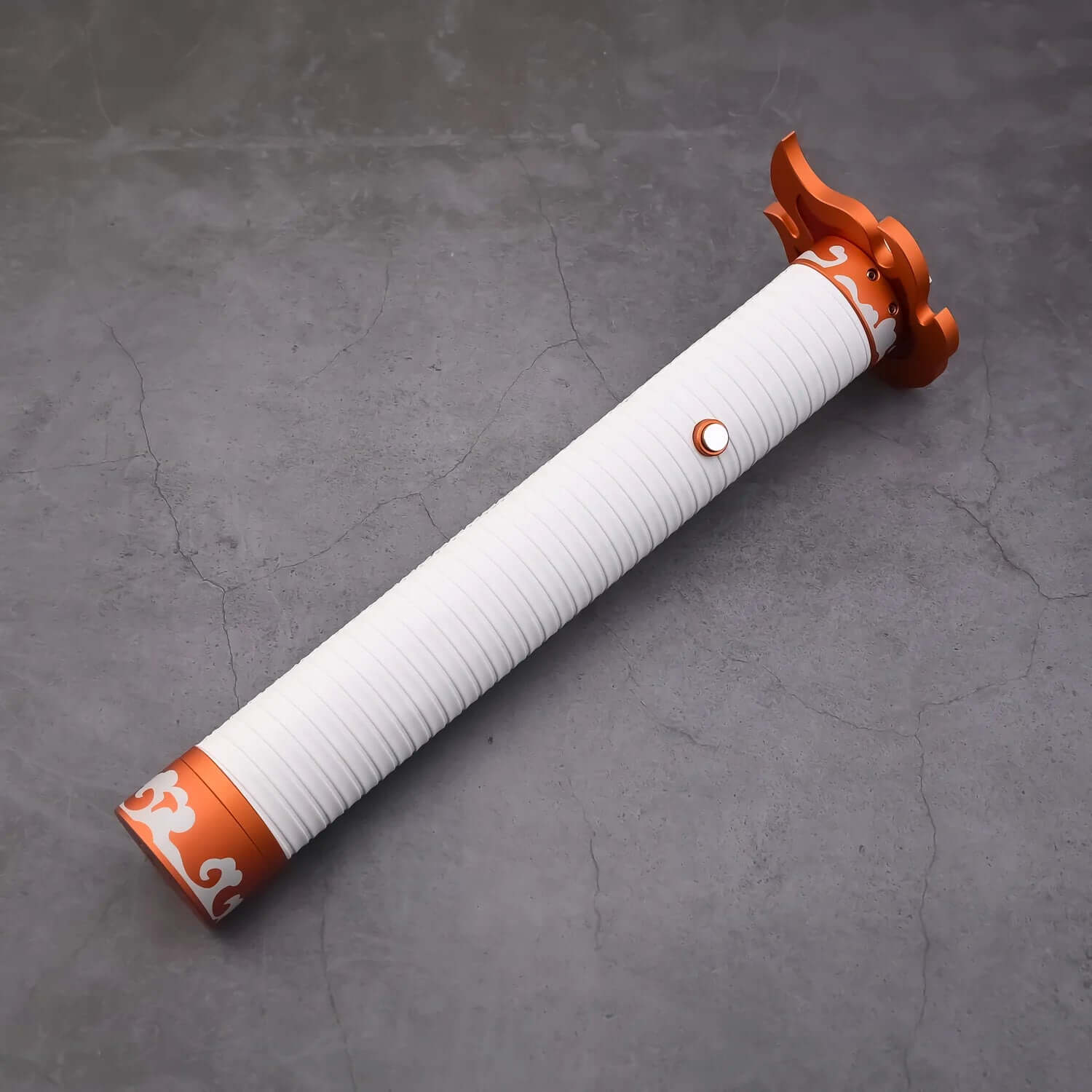 NovaSaber Demon Slayer Saber inspired by Kyojuro Rengoku, featuring a flame gold hilt, vibrant red and gold flame-shaped guard, and dynamic lighting and sound effects for immersive dueling and cosplay