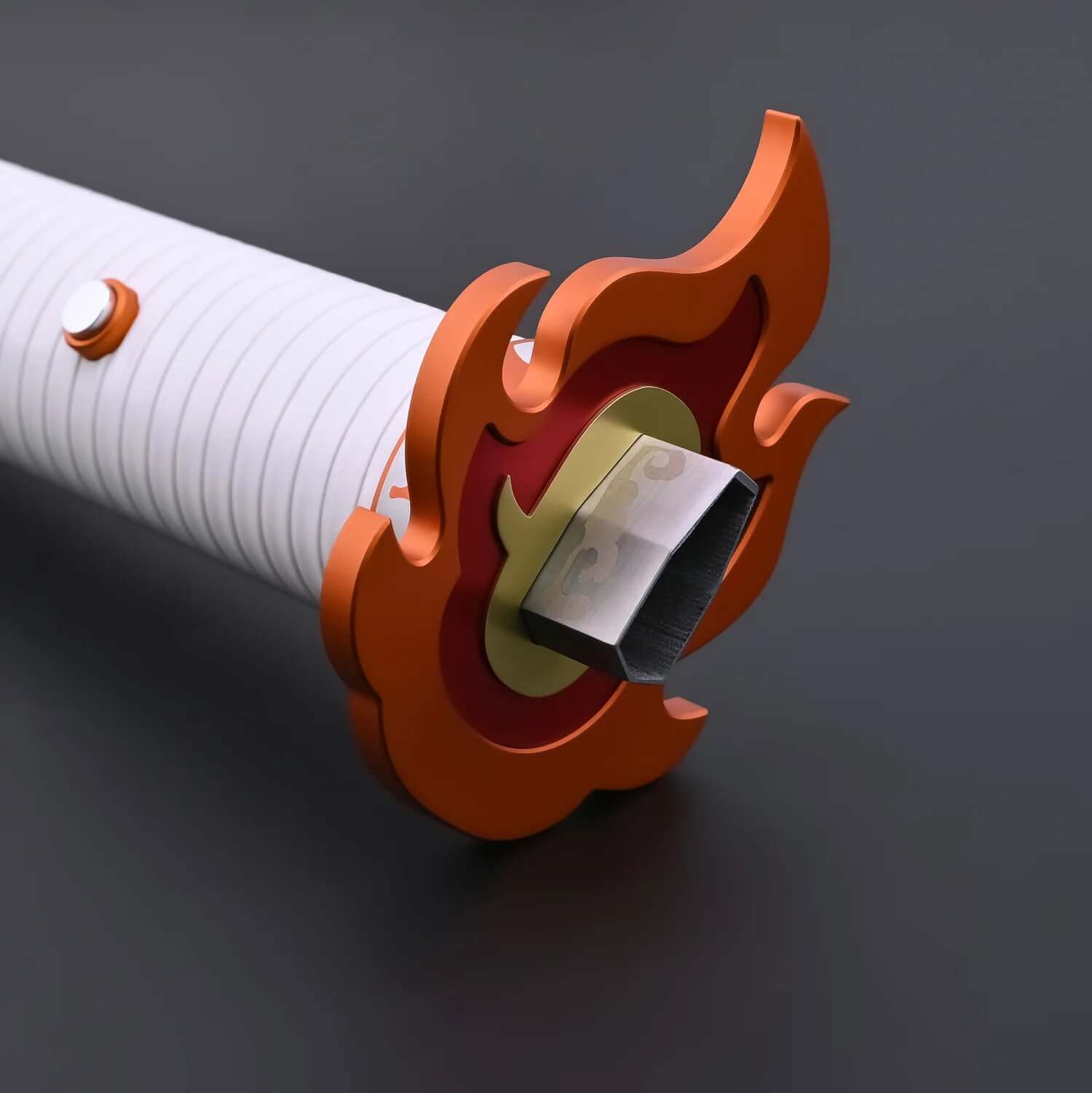 NovaSaber Demon Slayer Saber inspired by Kyojuro Rengoku, featuring a flame gold hilt, vibrant red and gold flame-shaped guard, and dynamic lighting and sound effects for immersive dueling and cosplay