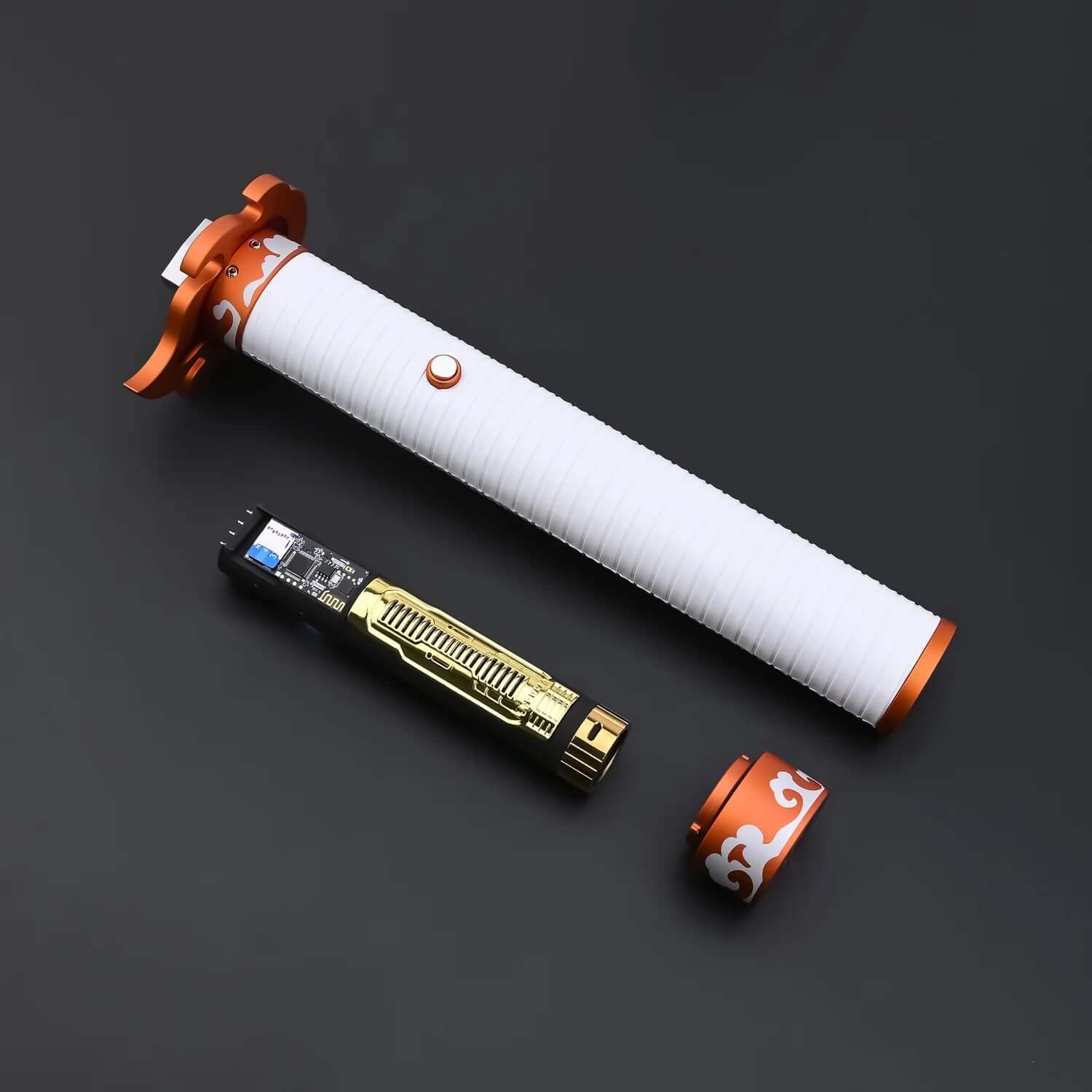 NovaSaber Demon Slayer Saber inspired by Kyojuro Rengoku, featuring a flame gold hilt, vibrant red and gold flame-shaped guard, and dynamic lighting and sound effects for immersive dueling and cosplay