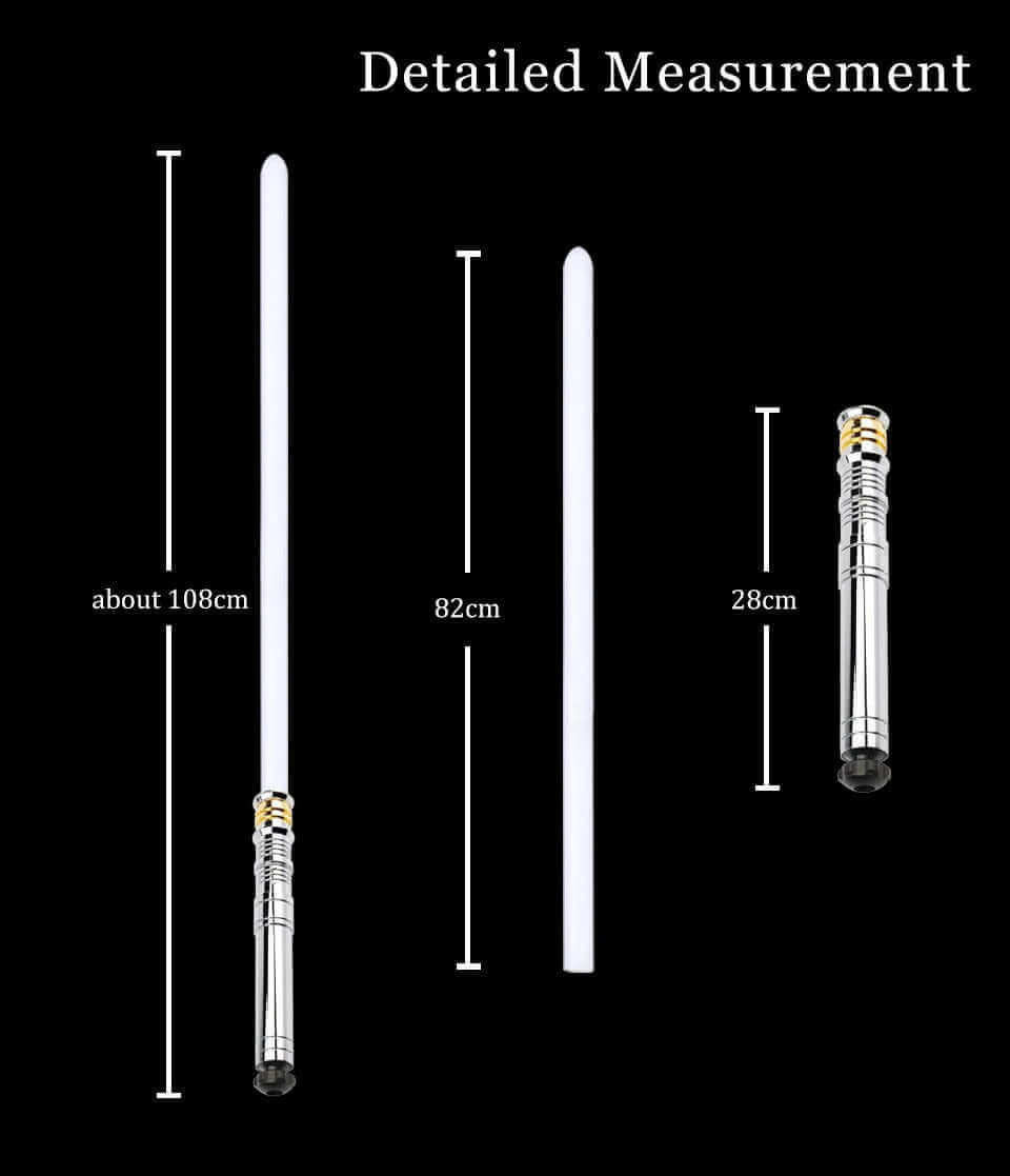 Revan lightsaber with silver and black anodized aluminum hilt, featuring 12 blade colors, 16 sound fonts, and options for Baselit, S-RGB, Neopixel, or Proffie cores, ideal for cosplay and light dueling
