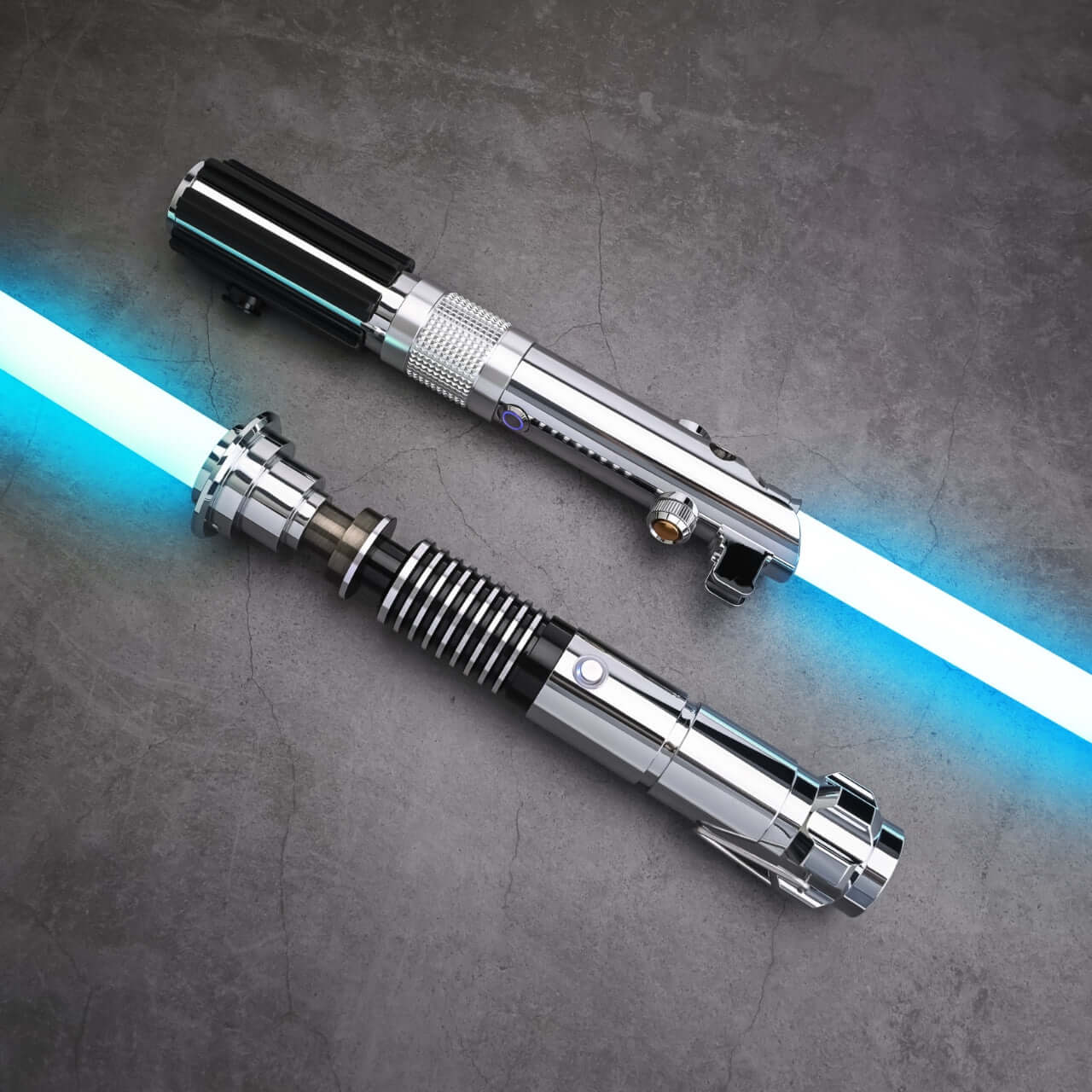 Father & Son Lightsaber Set – twin aircraft-grade aluminum hilts inspired by Anakin and Luke Skywalker, duel-ready removable polycarbonate blades in 32″ or 36″, RGB S16 or SNV4 Pro Neopixel core options with customizable colors, 27 preset soundfonts, smoo