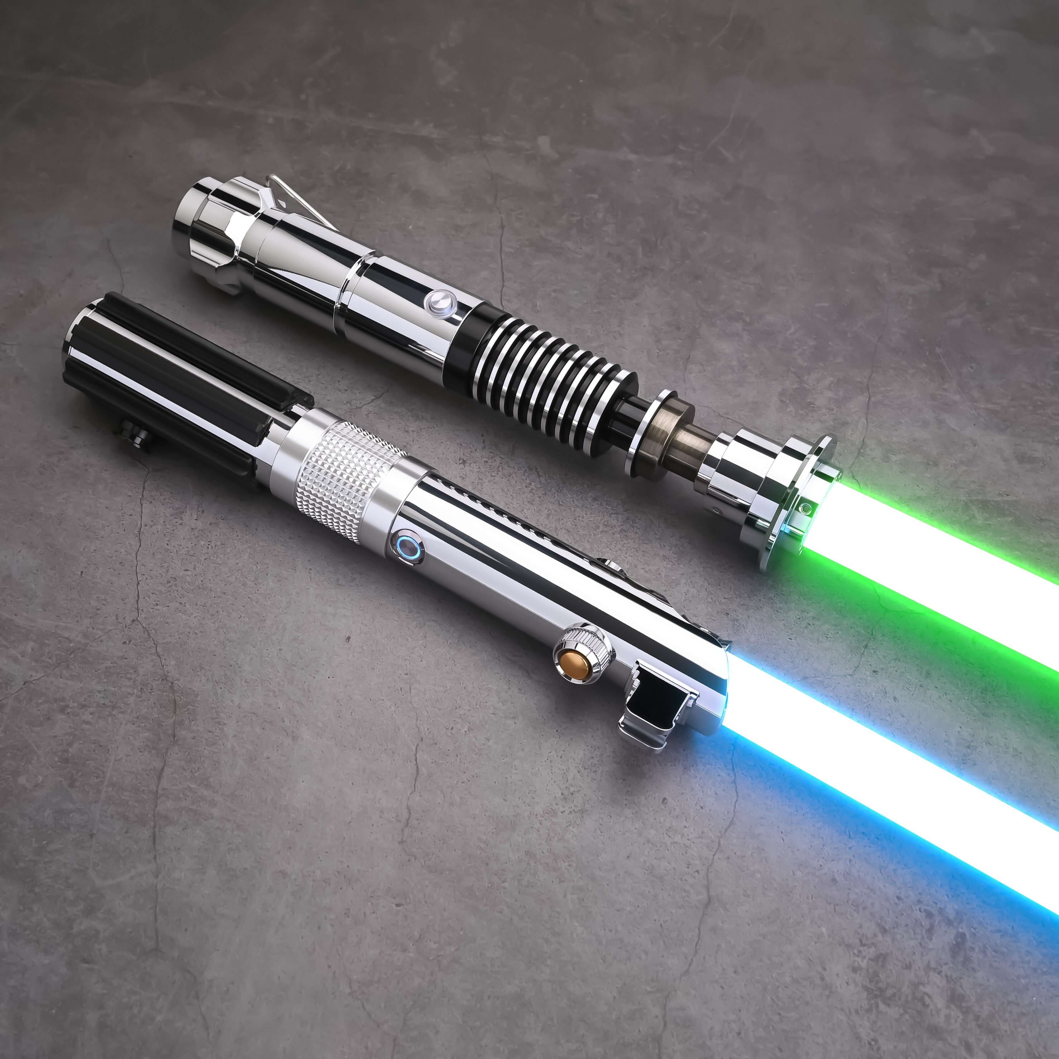 Father & Son Lightsaber Set – twin aircraft-grade aluminum hilts inspired by Anakin and Luke Skywalker, duel-ready removable polycarbonate blades in 32″ or 36″, RGB S16 or SNV4 Pro Neopixel core options with customizable colors, 27 preset soundfonts, smoo