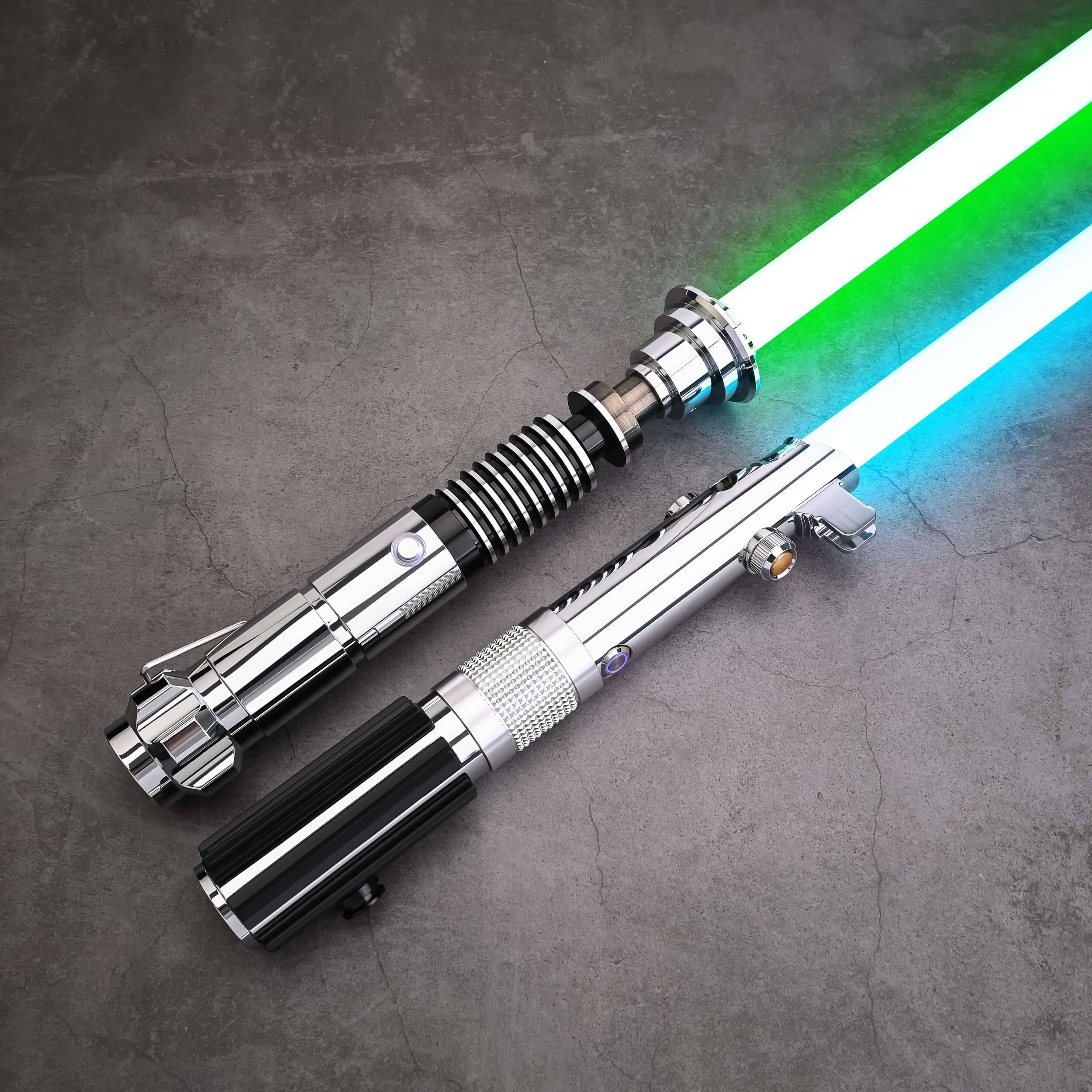 Father & Son Lightsaber Set – twin aircraft-grade aluminum hilts inspired by Anakin and Luke Skywalker, duel-ready removable polycarbonate blades in 32″ or 36″, RGB S16 or SNV4 Pro Neopixel core options with customizable colors, 27 preset soundfonts, smoo
