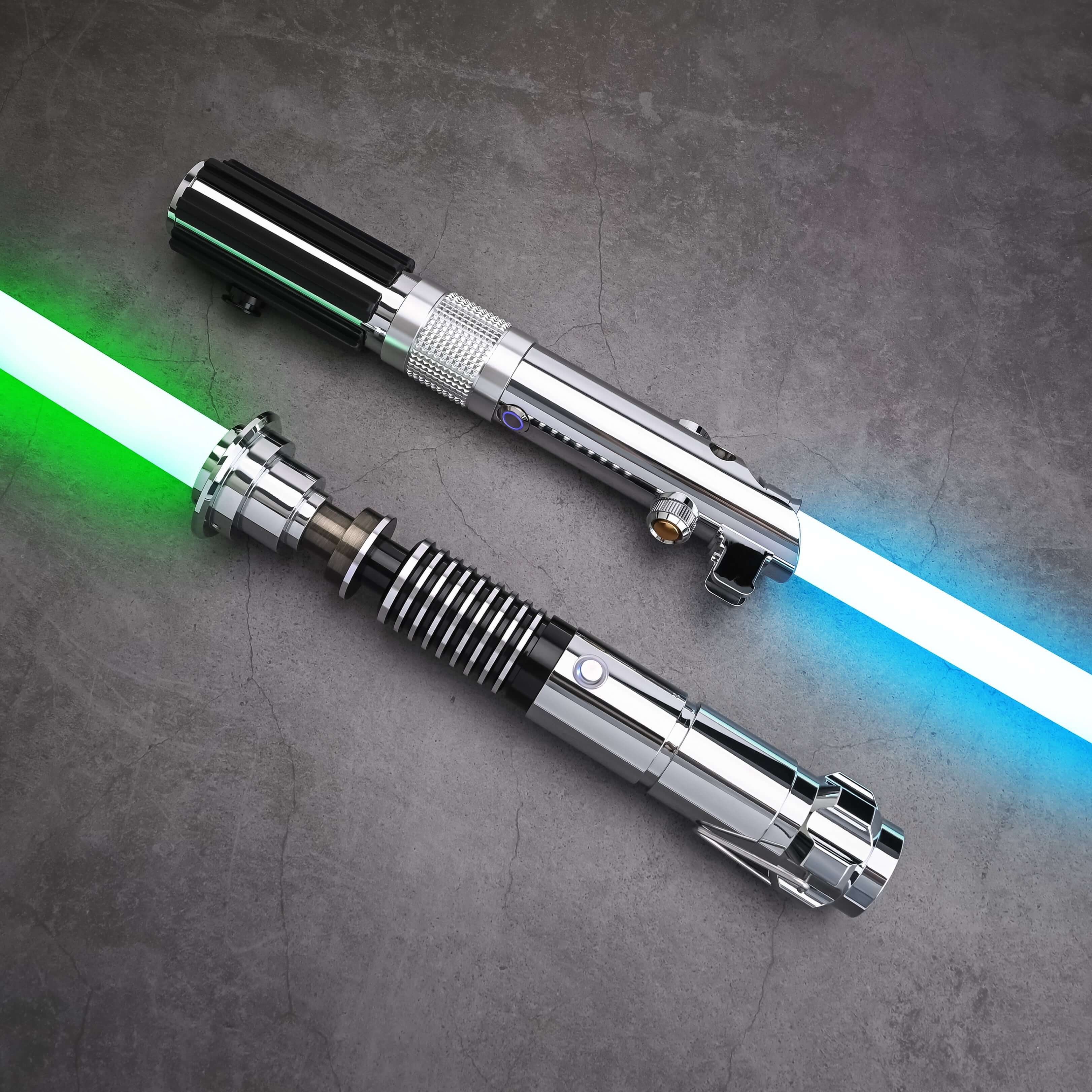 Father & Son Lightsaber Set – twin aircraft-grade aluminum hilts inspired by Anakin and Luke Skywalker, duel-ready removable polycarbonate blades in 32″ or 36″, RGB S16 or SNV4 Pro Neopixel core options with customizable colors, 27 preset soundfonts, smoo