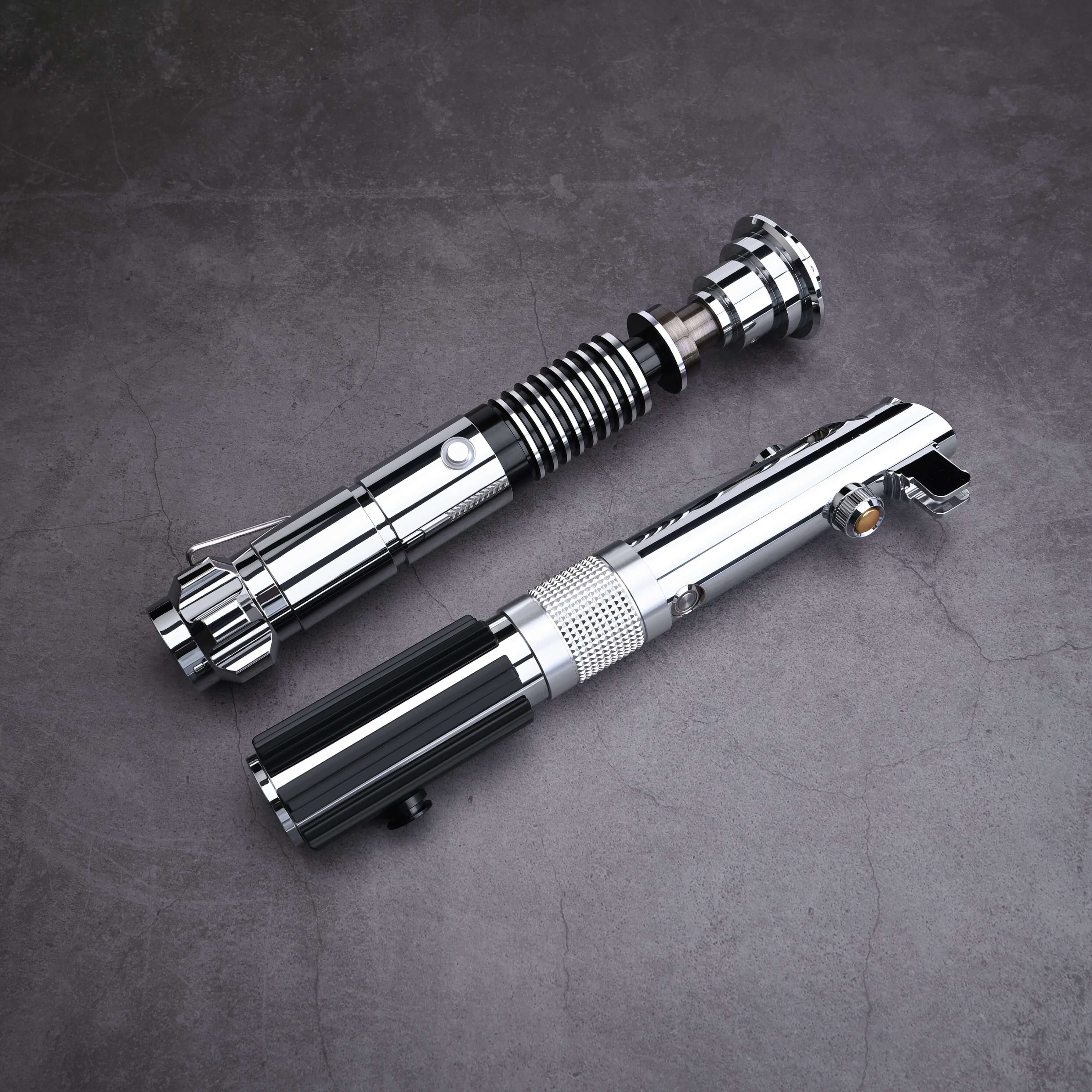 Father & Son Lightsaber Set – twin aircraft-grade aluminum hilts inspired by Anakin and Luke Skywalker, duel-ready removable polycarbonate blades in 32″ or 36″, RGB S16 or SNV4 Pro Neopixel core options with customizable colors, 27 preset soundfonts, smoo