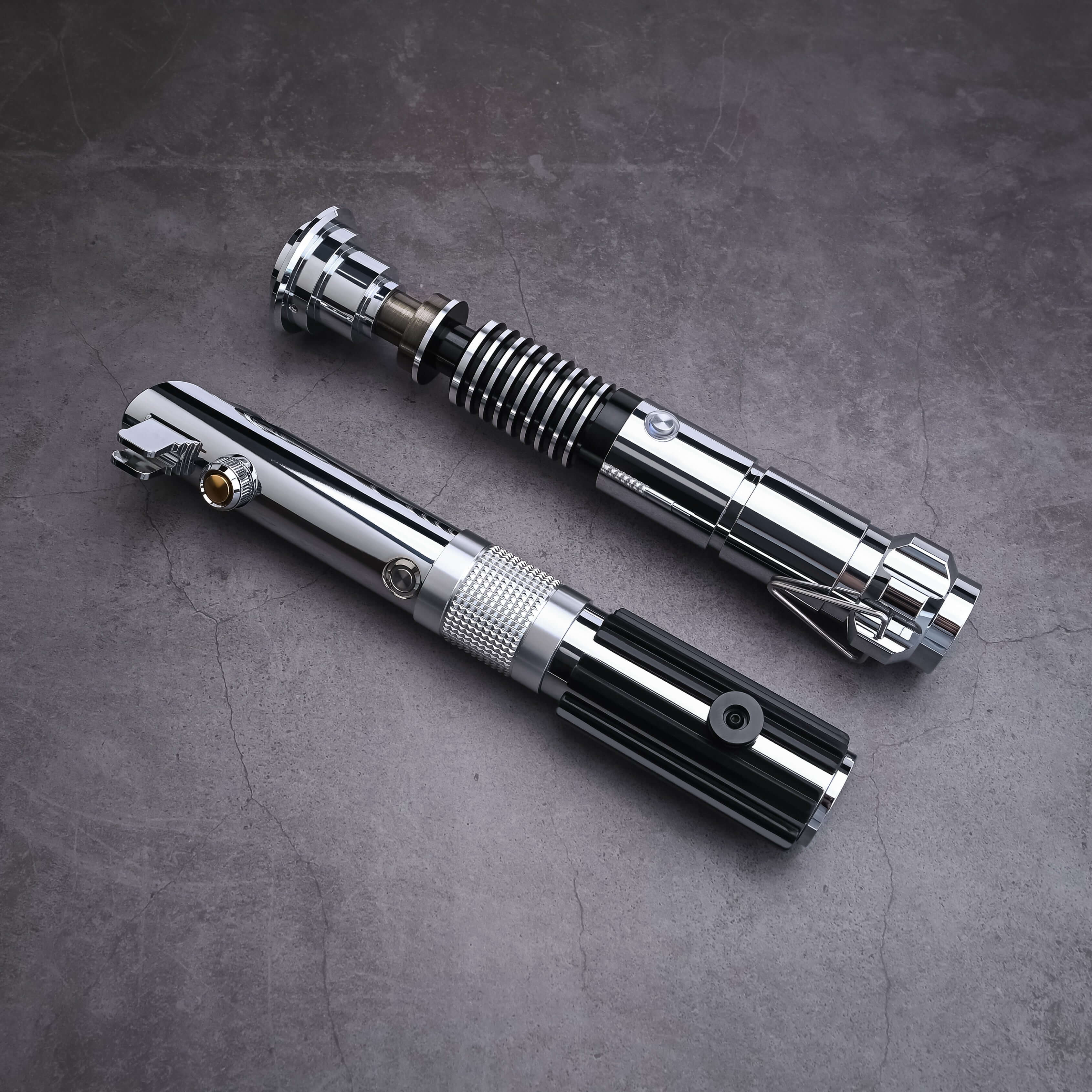Father & Son Lightsaber Set – twin aircraft-grade aluminum hilts inspired by Anakin and Luke Skywalker, duel-ready removable polycarbonate blades in 32″ or 36″, RGB S16 or SNV4 Pro Neopixel core options with customizable colors, 27 preset soundfonts, smoo
