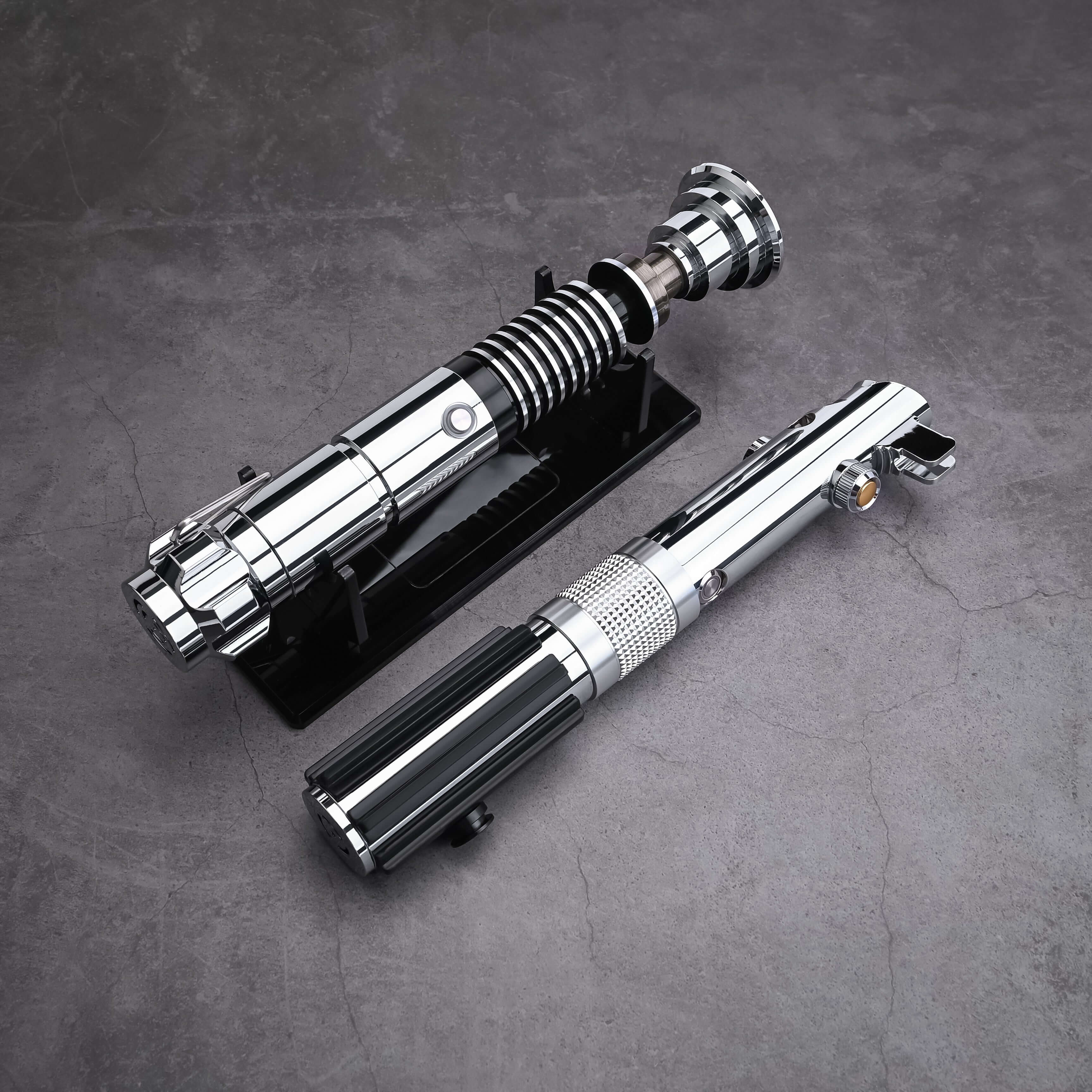 Father & Son Lightsaber Set – twin aircraft-grade aluminum hilts inspired by Anakin and Luke Skywalker, duel-ready removable polycarbonate blades in 32″ or 36″, RGB S16 or SNV4 Pro Neopixel core options with customizable colors, 27 preset soundfonts, smoo