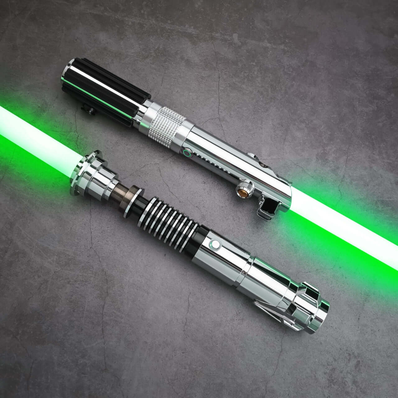 Father & Son Lightsaber Set – twin aircraft-grade aluminum hilts inspired by Anakin and Luke Skywalker, duel-ready removable polycarbonate blades in 32″ or 36″, RGB S16 or SNV4 Pro Neopixel core options with customizable colors, 27 preset soundfonts, smoo