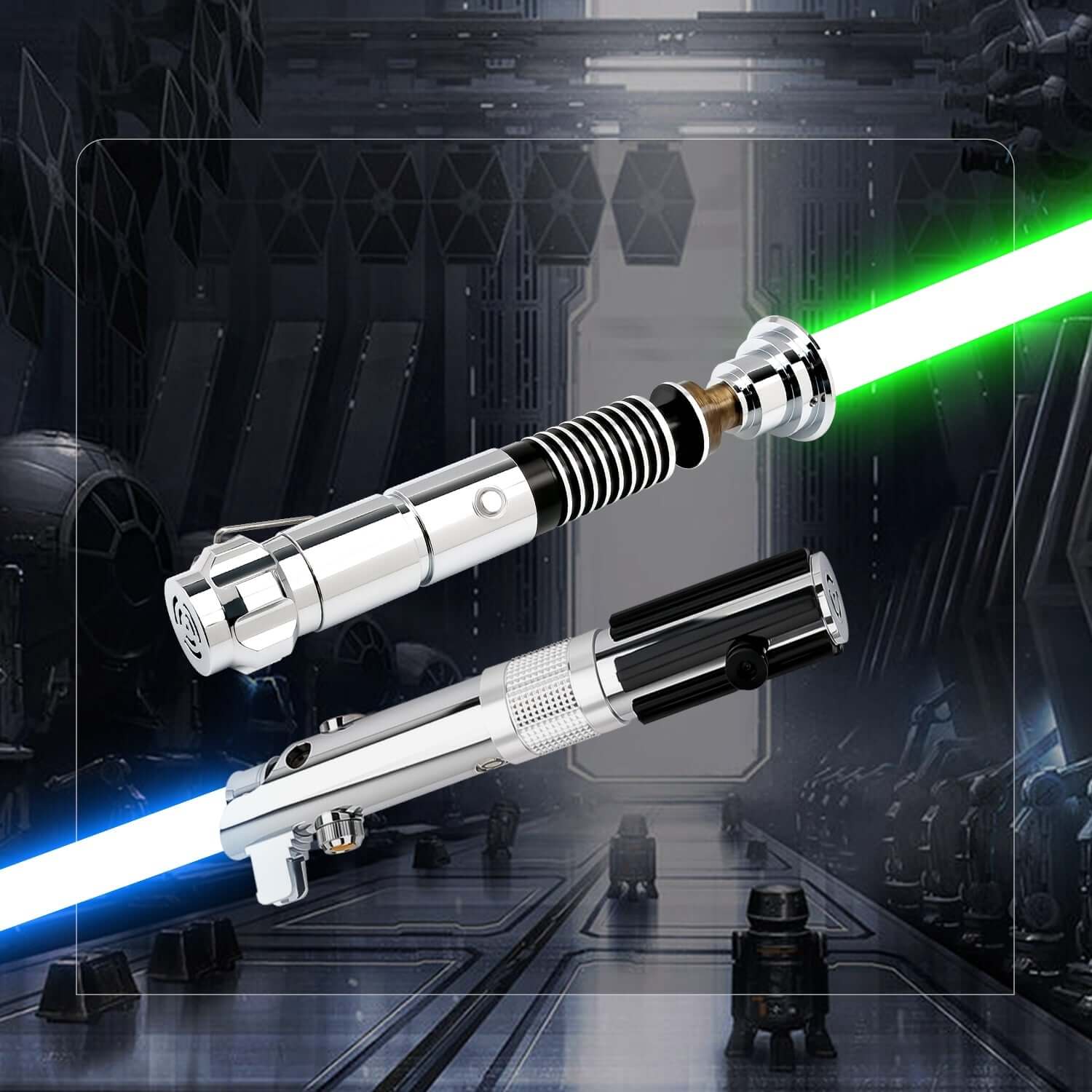 Father & Son Lightsaber Set – twin aircraft-grade aluminum hilts inspired by Anakin and Luke Skywalker, duel-ready removable polycarbonate blades in 32″ or 36″, RGB S16 or SNV4 Pro Neopixel core options with customizable colors, 27 preset soundfonts, smoo