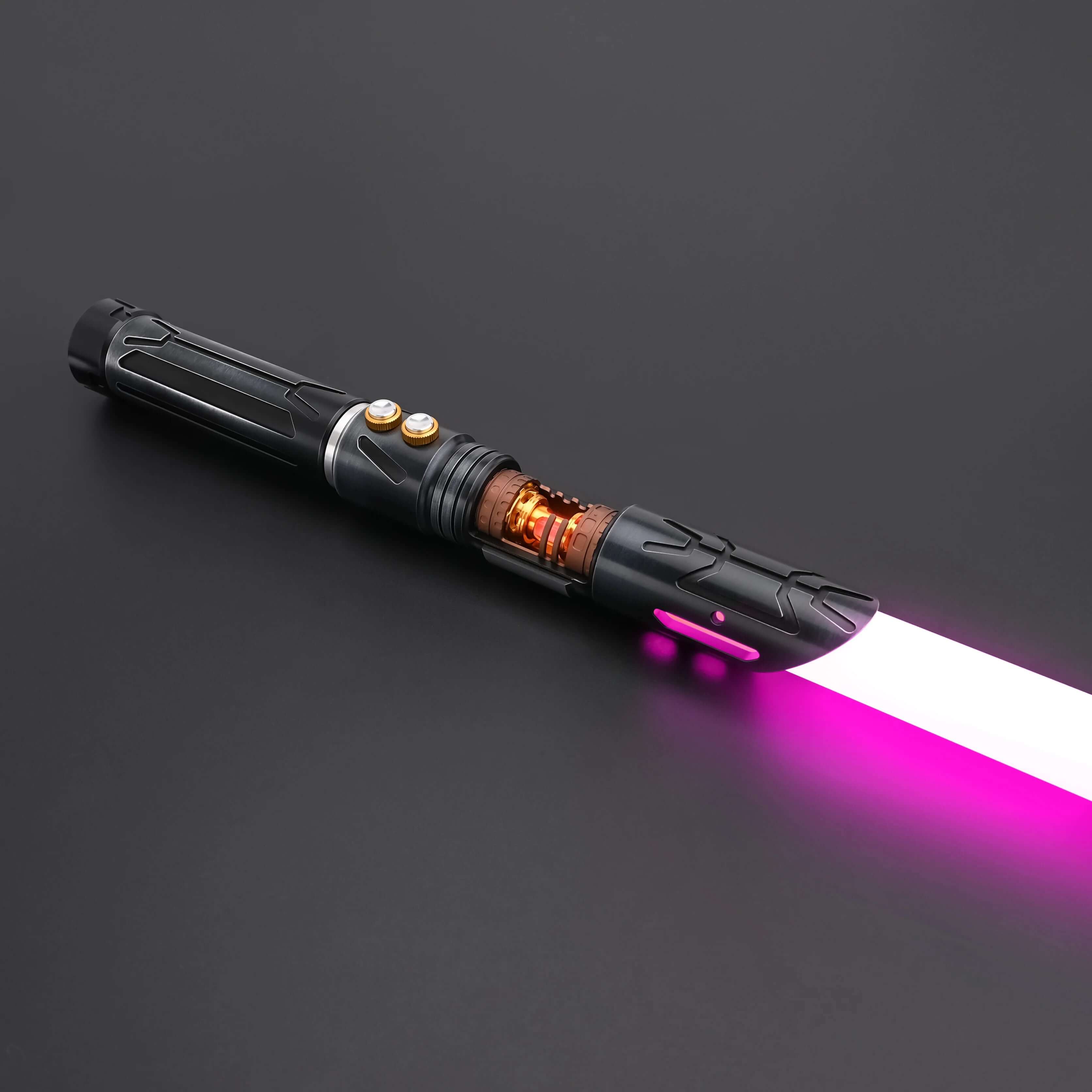 Halo crystal lightsaber with exposed crystal core and dual-button control, emitting a vibrant pink blade.