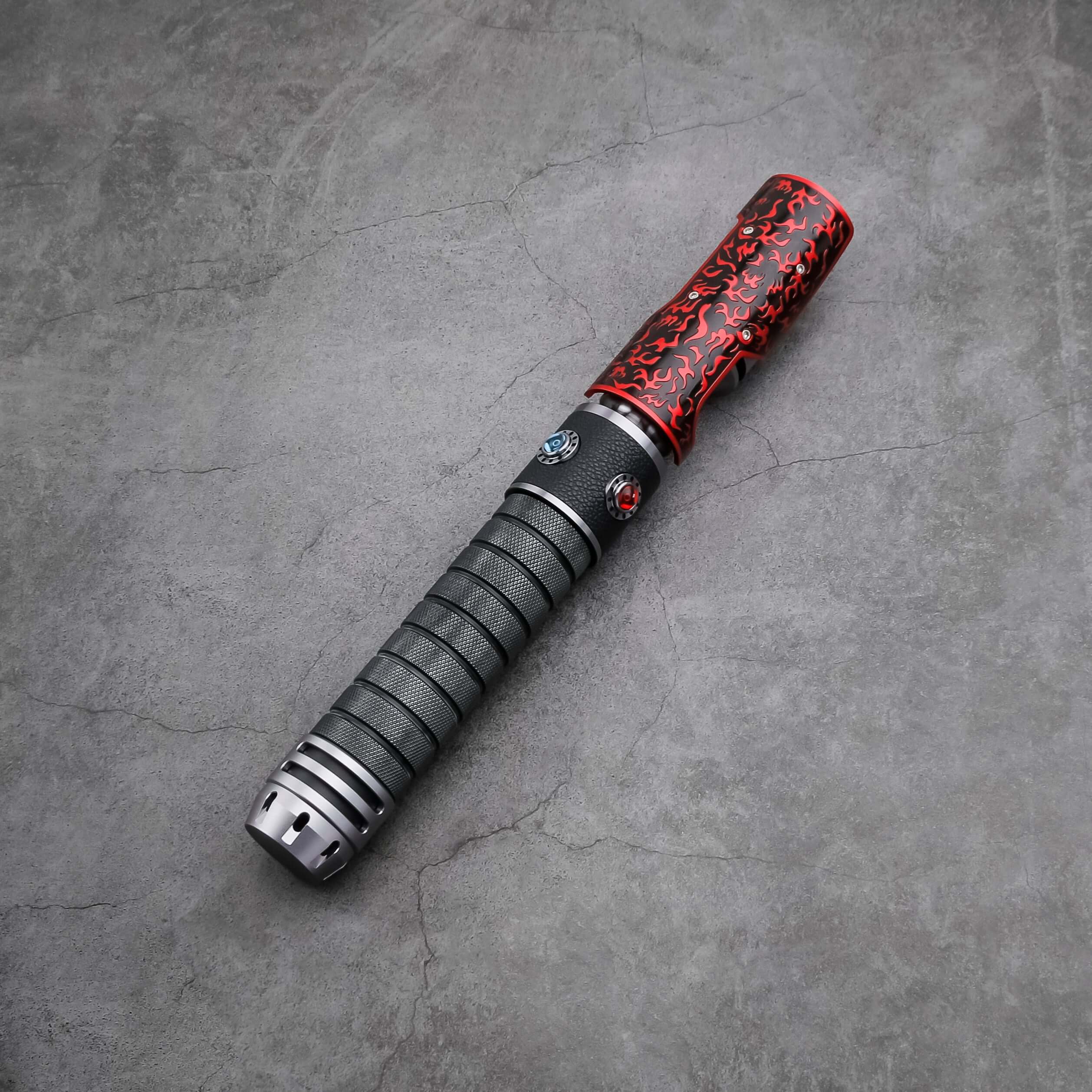 Naruto Lightsaber: Frosted aluminum alloy hilt with red grip, 32" or 36" removable polycarbonate blade, Baselit, Neopixel, or Proffie core options, 12 blade colors, 4–9 blade effects, 16–27 preinstalled soundfonts, ideal for cosplay and dueling.