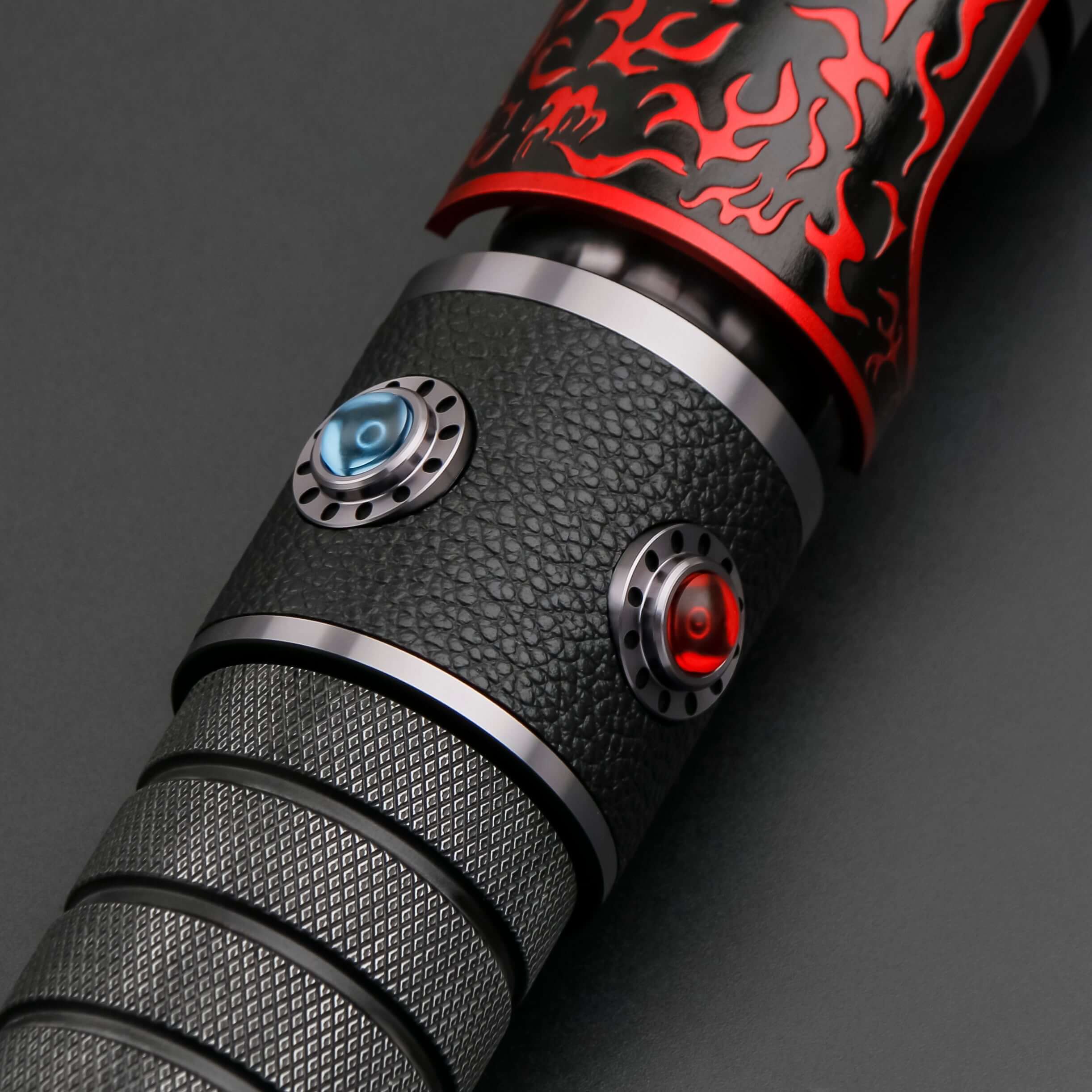 Naruto Lightsaber: Frosted aluminum alloy hilt with red grip, 32" or 36" removable polycarbonate blade, Baselit, Neopixel, or Proffie core options, 12 blade colors, 4–9 blade effects, 16–27 preinstalled soundfonts, ideal for cosplay and dueling.
