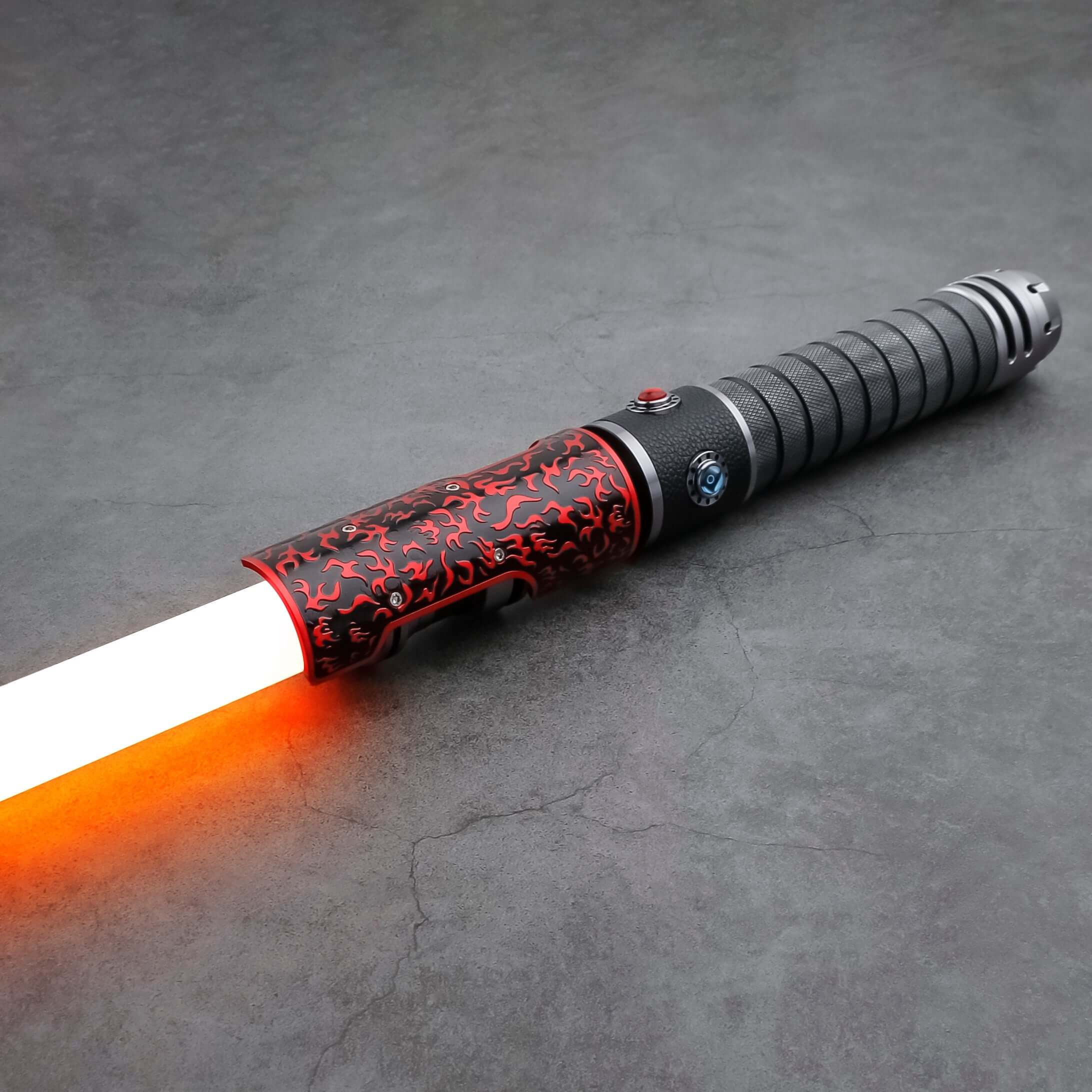 Naruto Lightsaber: Frosted aluminum alloy hilt with red grip, 32" or 36" removable polycarbonate blade, Baselit, Neopixel, or Proffie core options, 12 blade colors, 4–9 blade effects, 16–27 preinstalled soundfonts, ideal for cosplay and dueling.