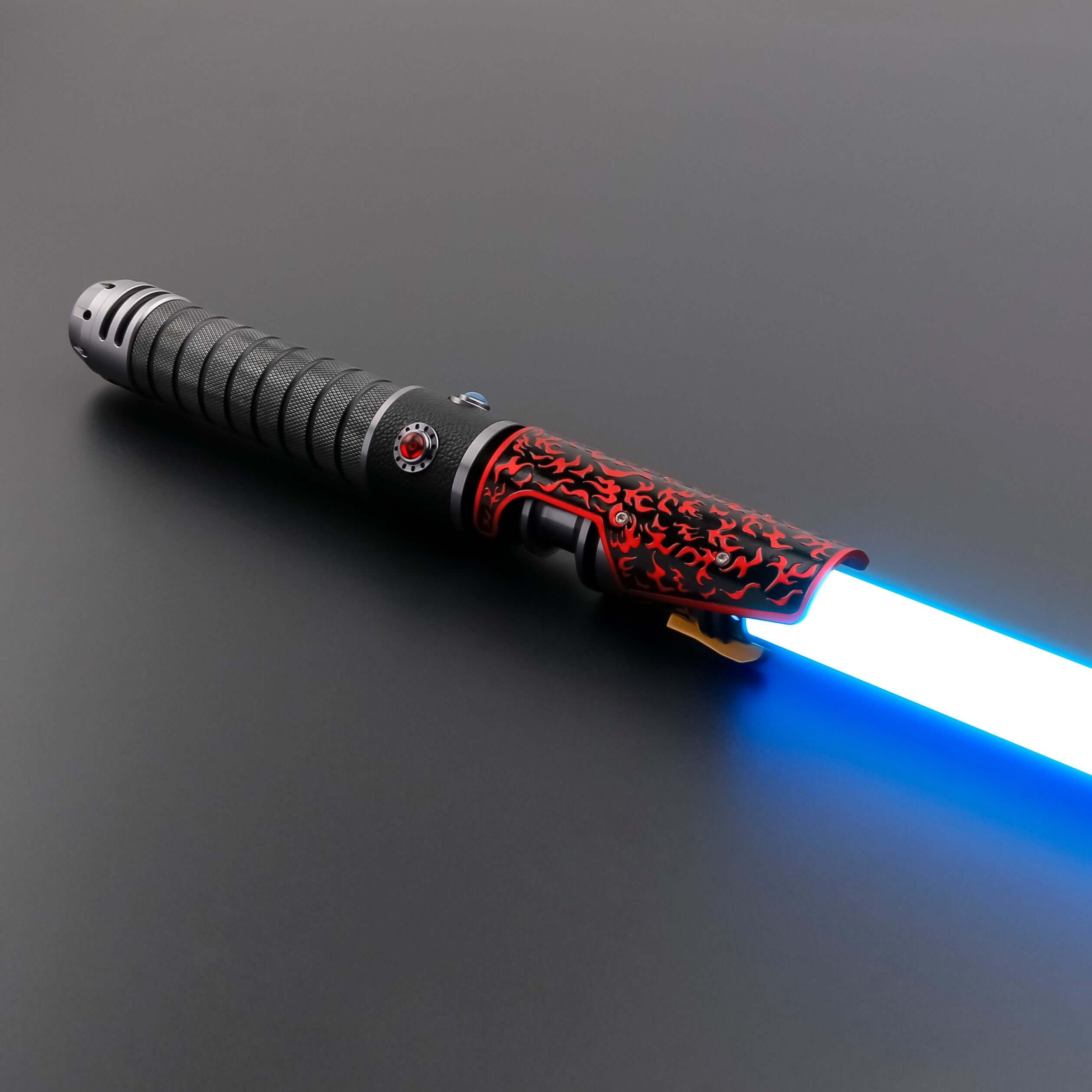 Naruto Lightsaber: Frosted aluminum alloy hilt with red grip, 32" or 36" removable polycarbonate blade, Baselit, Neopixel, or Proffie core options, 12 blade colors, 4–9 blade effects, 16–27 preinstalled soundfonts, ideal for cosplay and dueling.