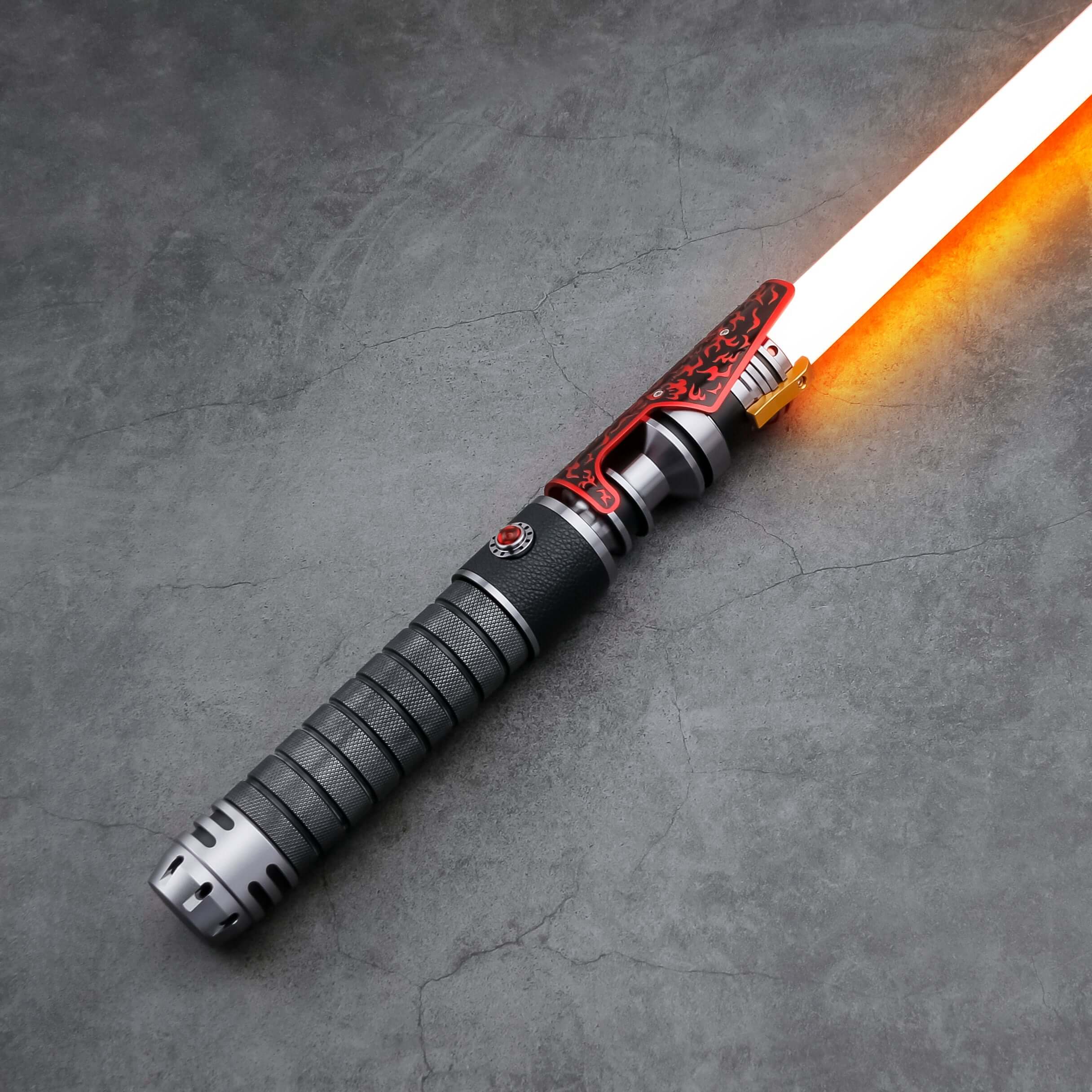 Naruto Lightsaber: Frosted aluminum alloy hilt with red grip, 32" or 36" removable polycarbonate blade, Baselit, Neopixel, or Proffie core options, 12 blade colors, 4–9 blade effects, 16–27 preinstalled soundfonts, ideal for cosplay and dueling.
