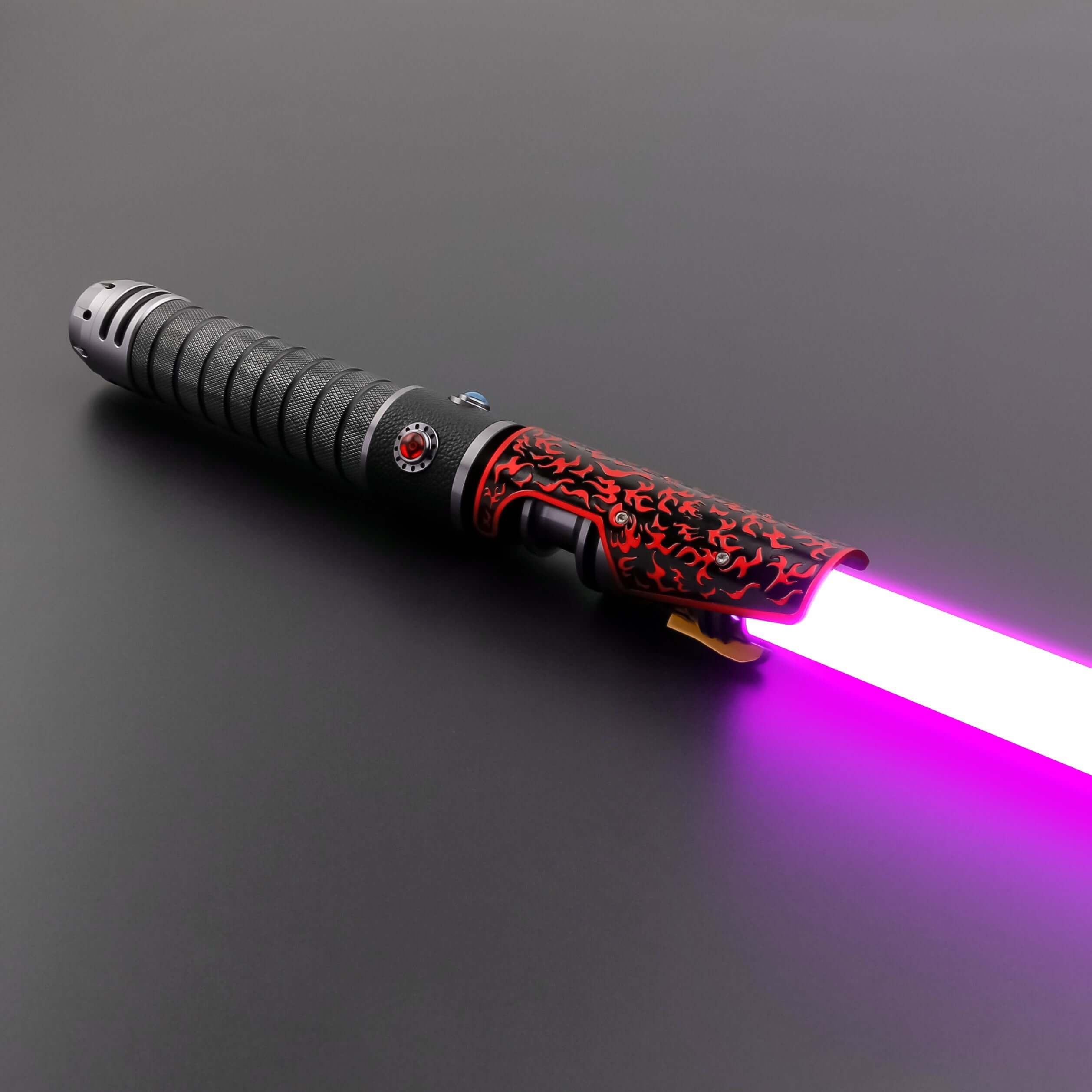 Naruto Lightsaber: Frosted aluminum alloy hilt with red grip, 32" or 36" removable polycarbonate blade, Baselit, Neopixel, or Proffie core options, 12 blade colors, 4–9 blade effects, 16–27 preinstalled soundfonts, ideal for cosplay and dueling.