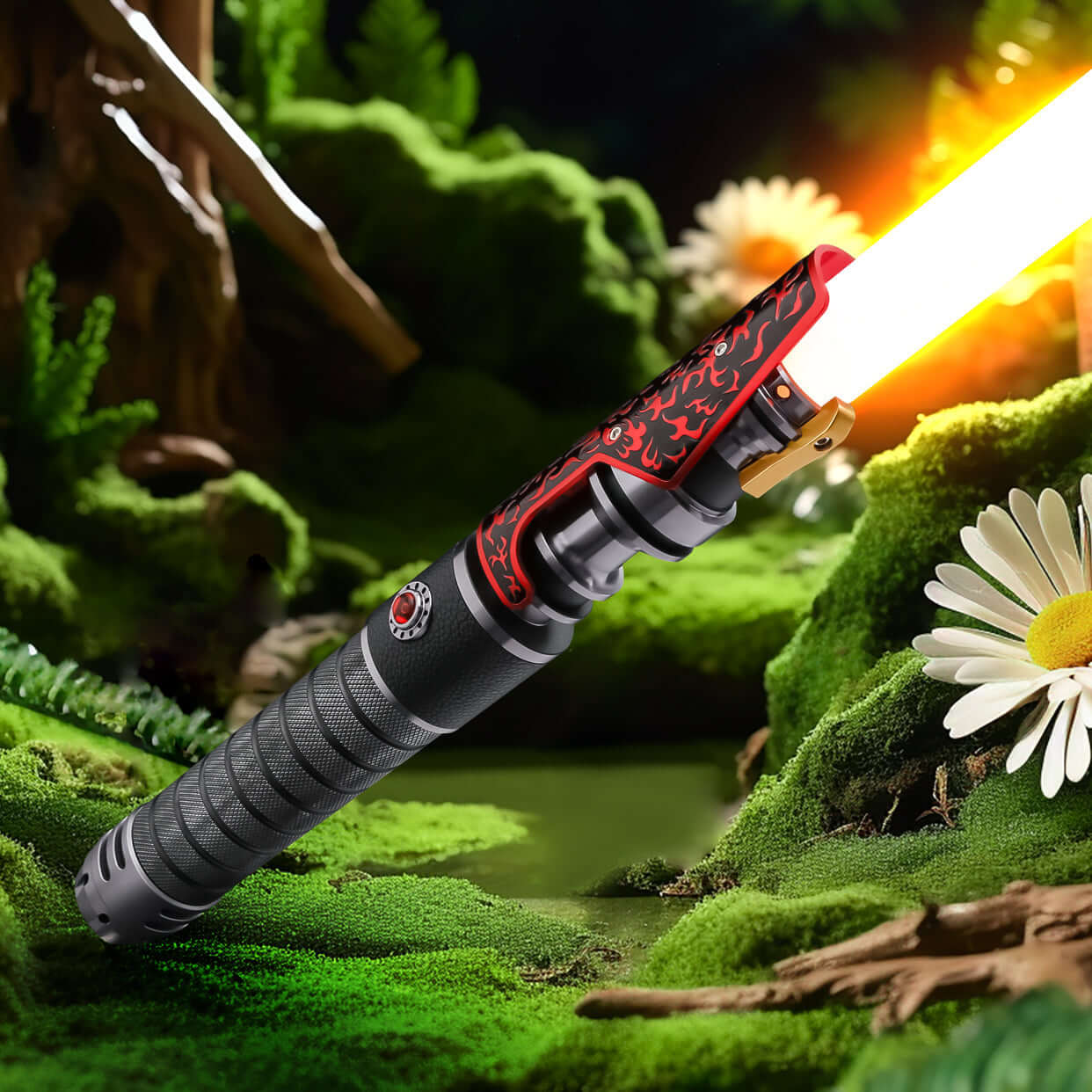 Naruto Lightsaber: Frosted aluminum alloy hilt with red grip, 32" or 36" removable polycarbonate blade, Baselit, Neopixel, or Proffie core options, 12 blade colors, 4–9 blade effects, 16–27 preinstalled soundfonts, ideal for cosplay and dueling.