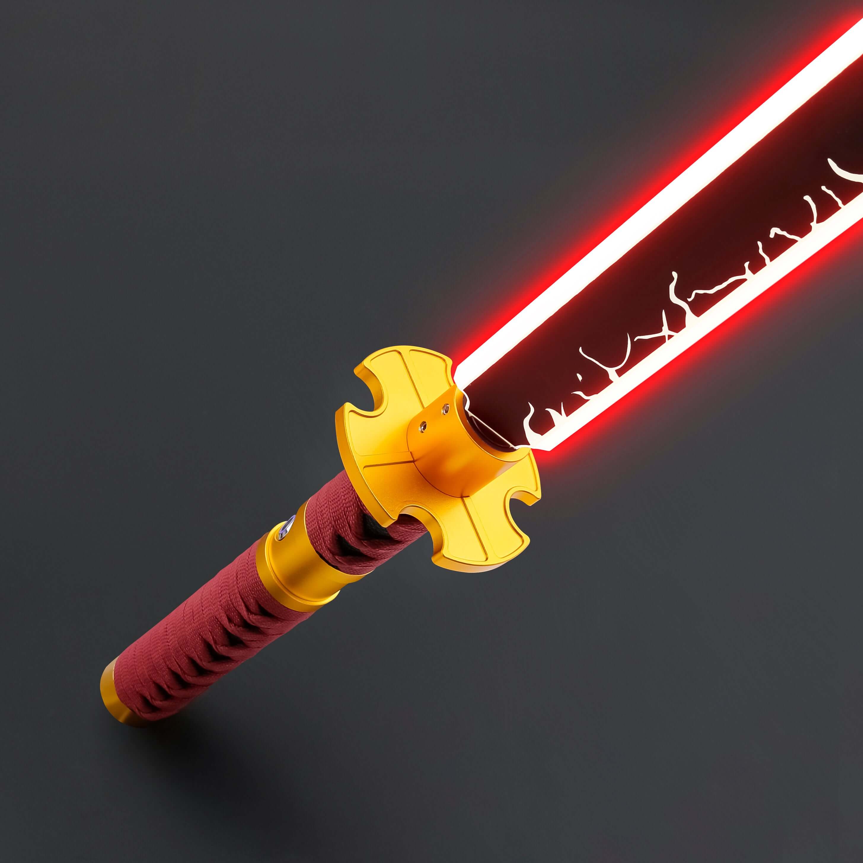 Sekiro Lightsaber: Katana-inspired design with gold hilt, red grip, and gold guard, crafted from aircraft-grade aluminum for durability and elegance.