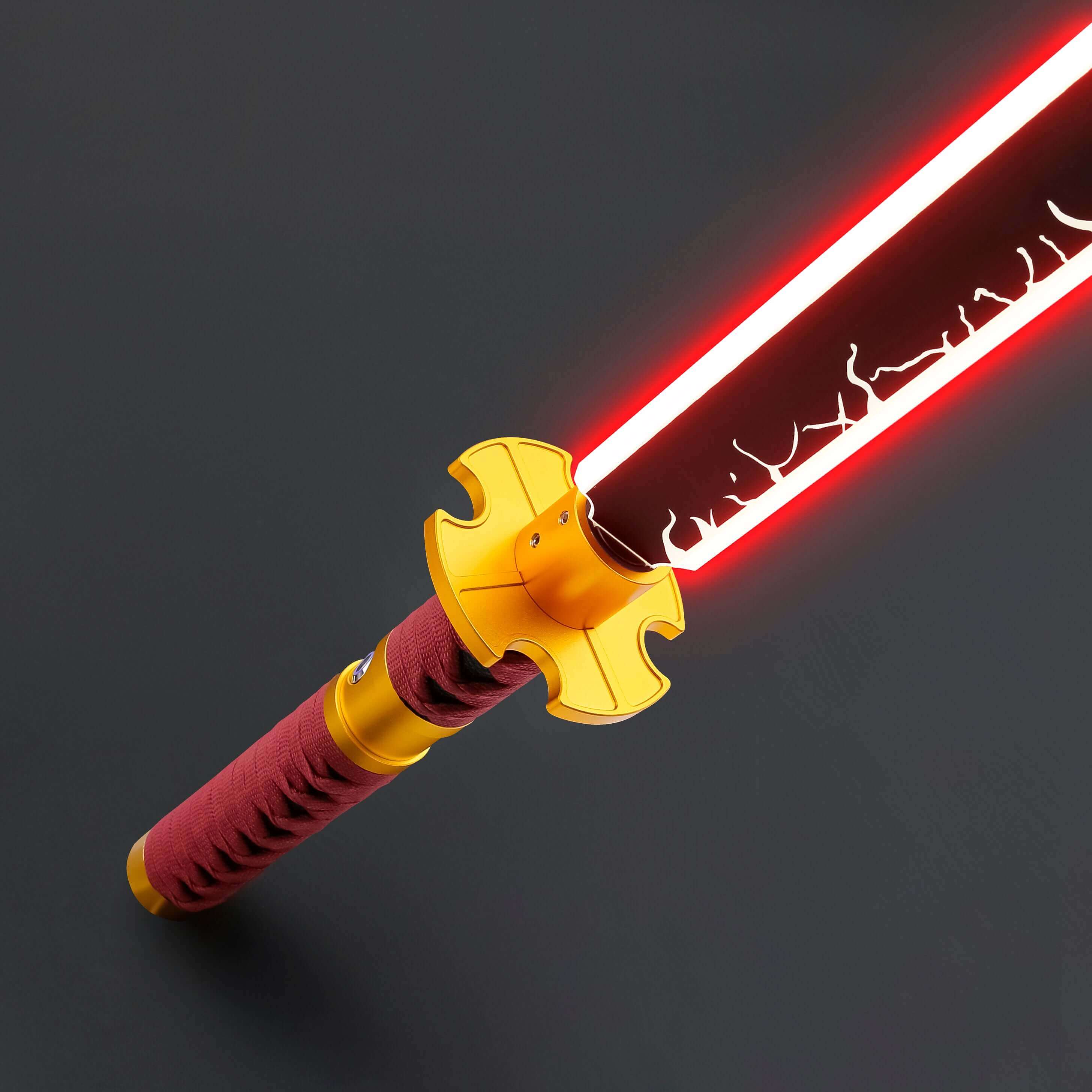 Sekiro Lightsaber: Katana-inspired design with gold hilt, red grip, and gold guard, crafted from aircraft-grade aluminum for durability and elegance.