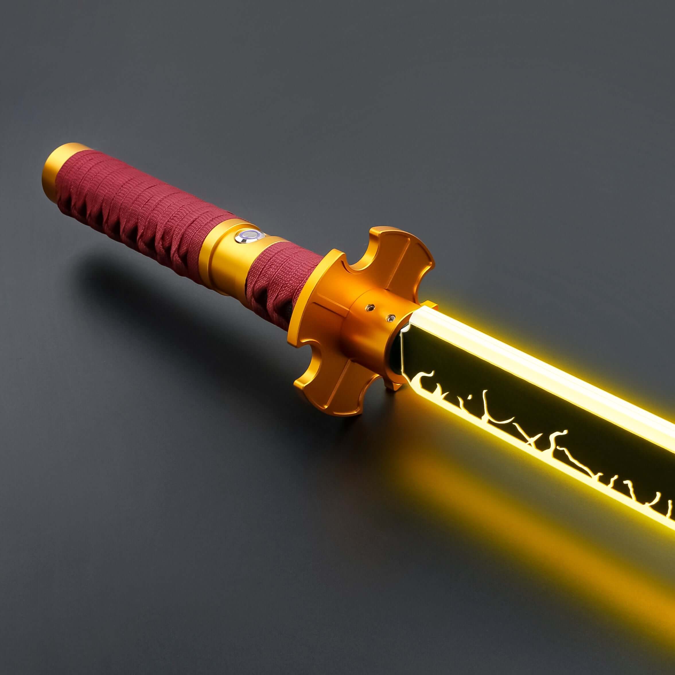 Sekiro Lightsaber: Katana-inspired design with gold hilt, red grip, and gold guard, crafted from aircraft-grade aluminum for durability and elegance.
